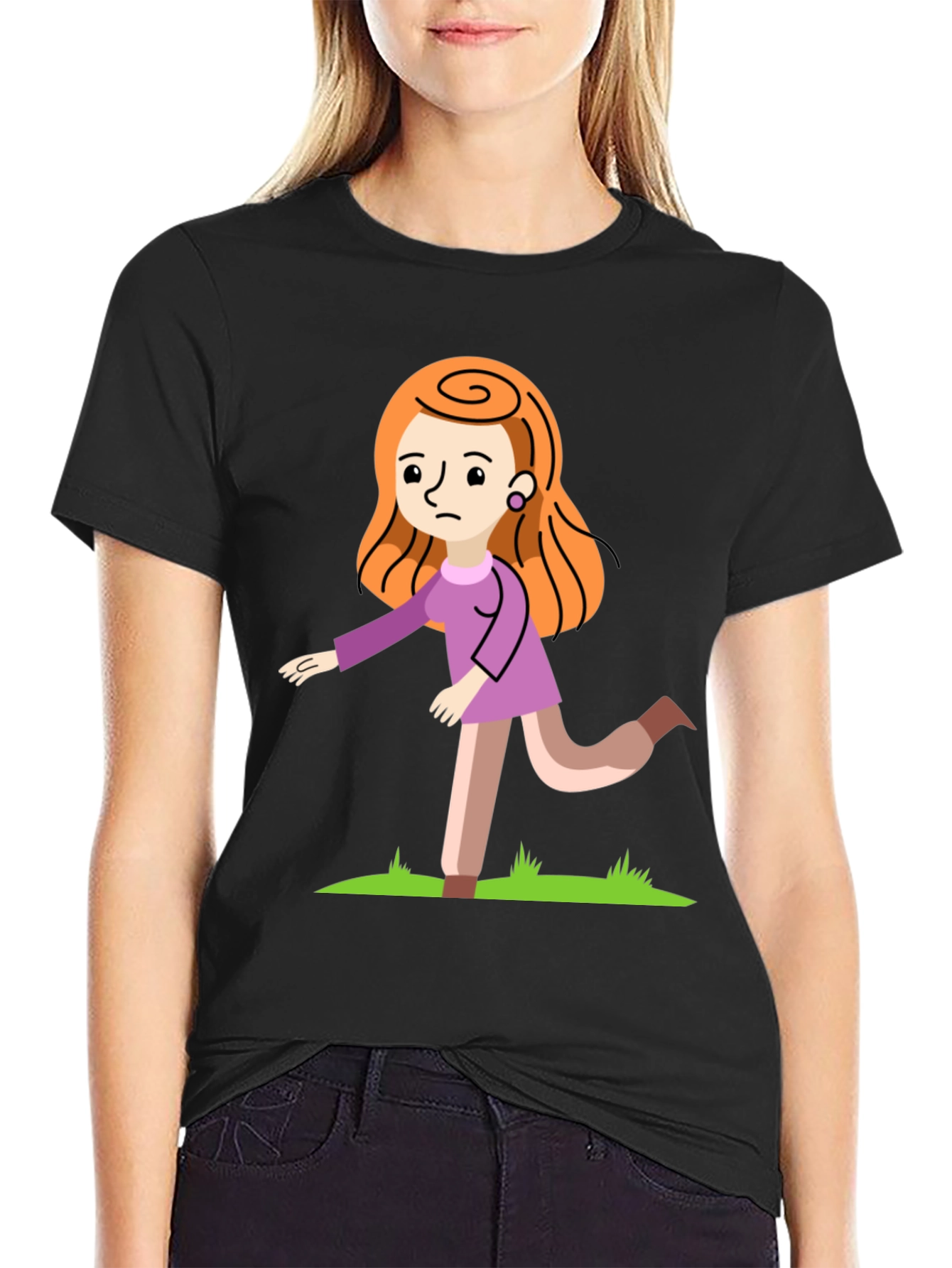 Cartoon Woman Graphic Print Black T-Shirt