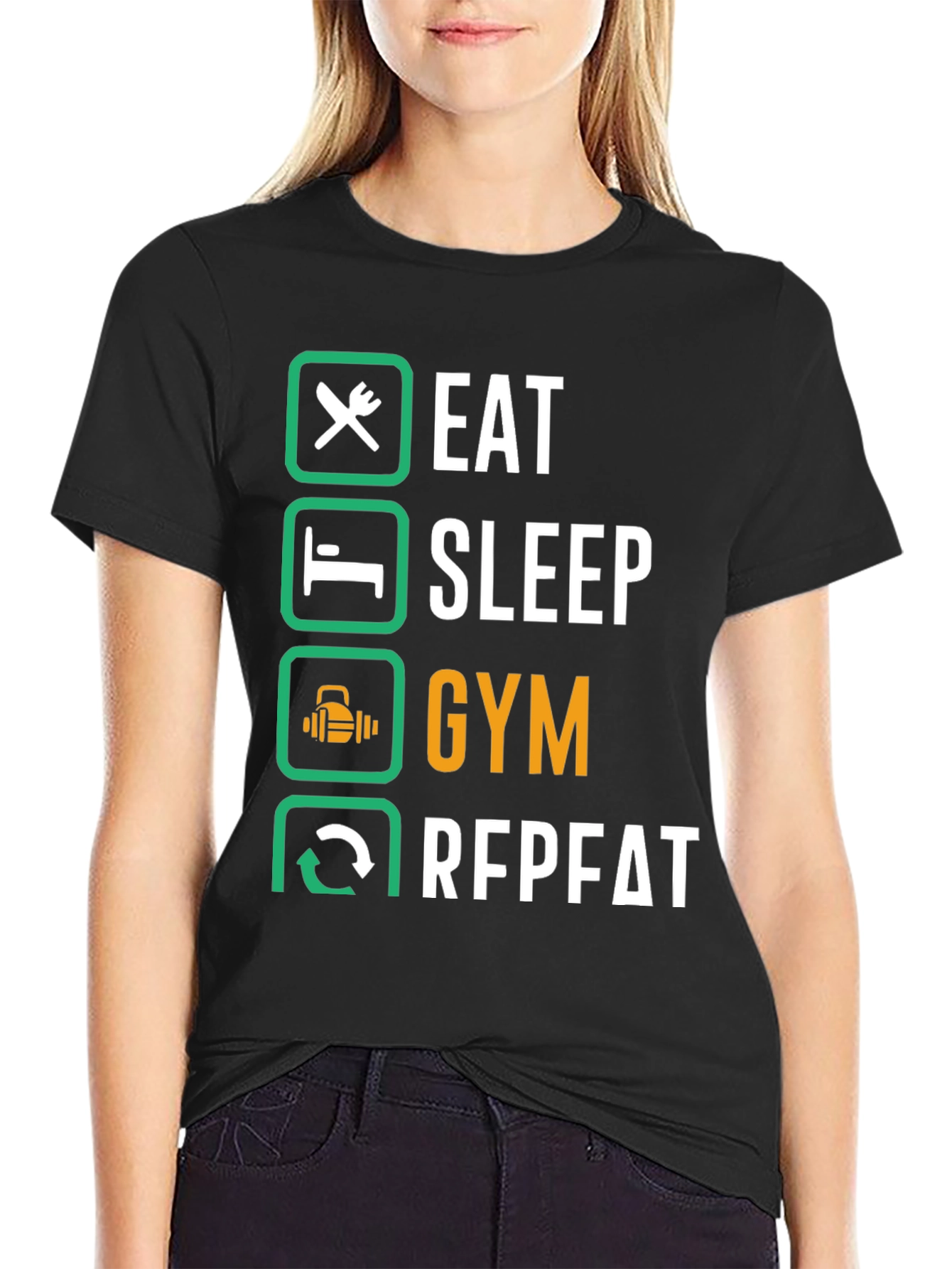 Eat Sleep Gym Repeat Black Graphic Tee