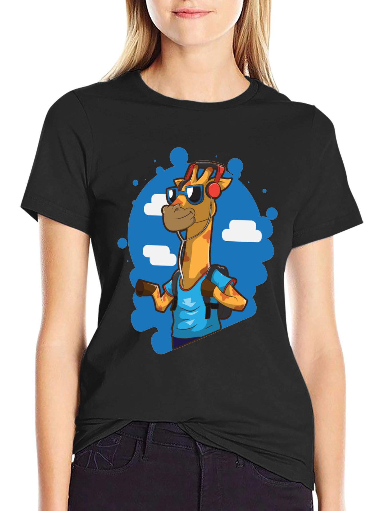 Cool Giraffe Tourist Graphic Tee - Black Cotton T-Shirt