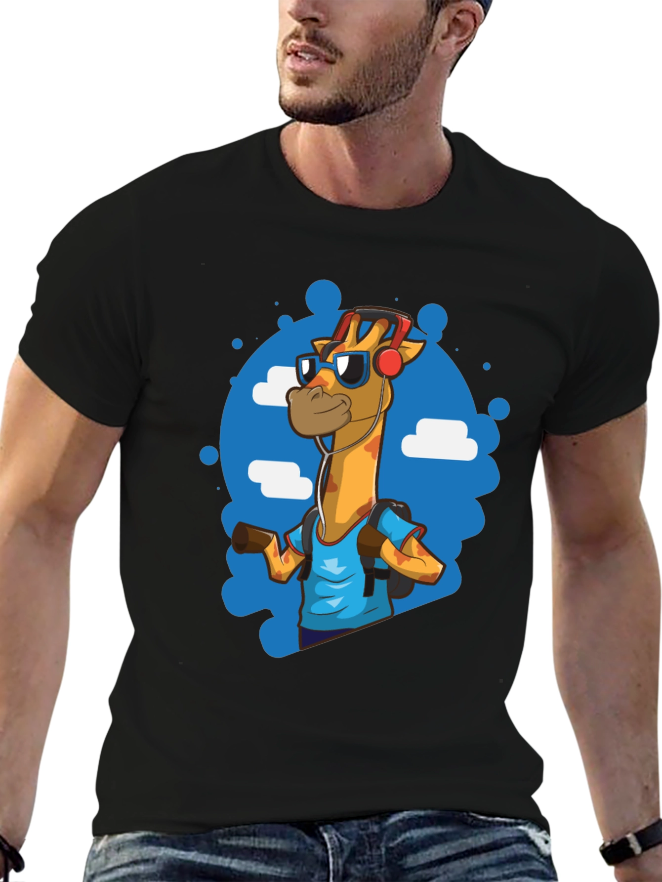 Cool Giraffe Tourist Graphic Tee - Black Cotton T-Shirt