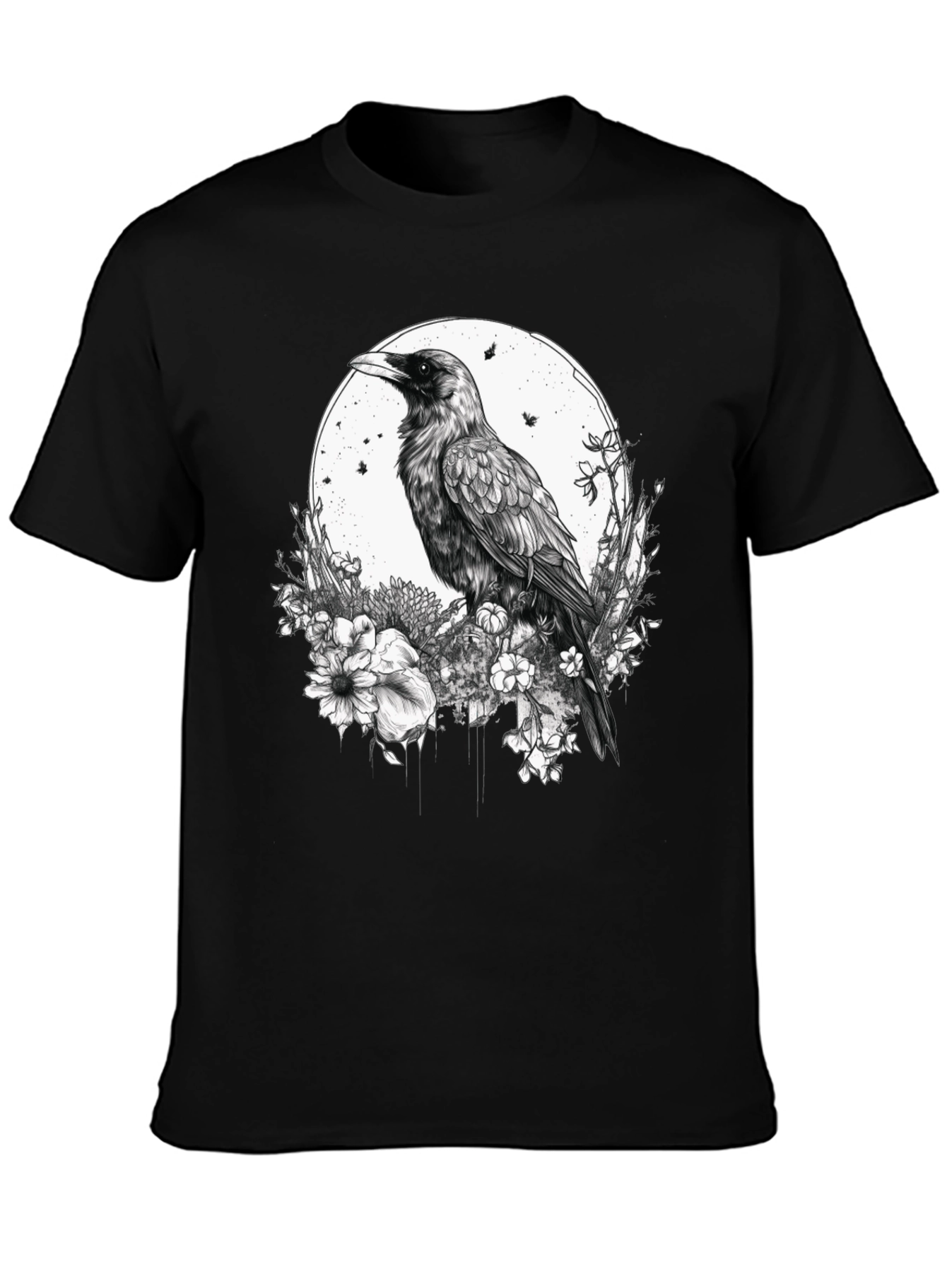 Raven & Floral Graphic Print Tee - Black