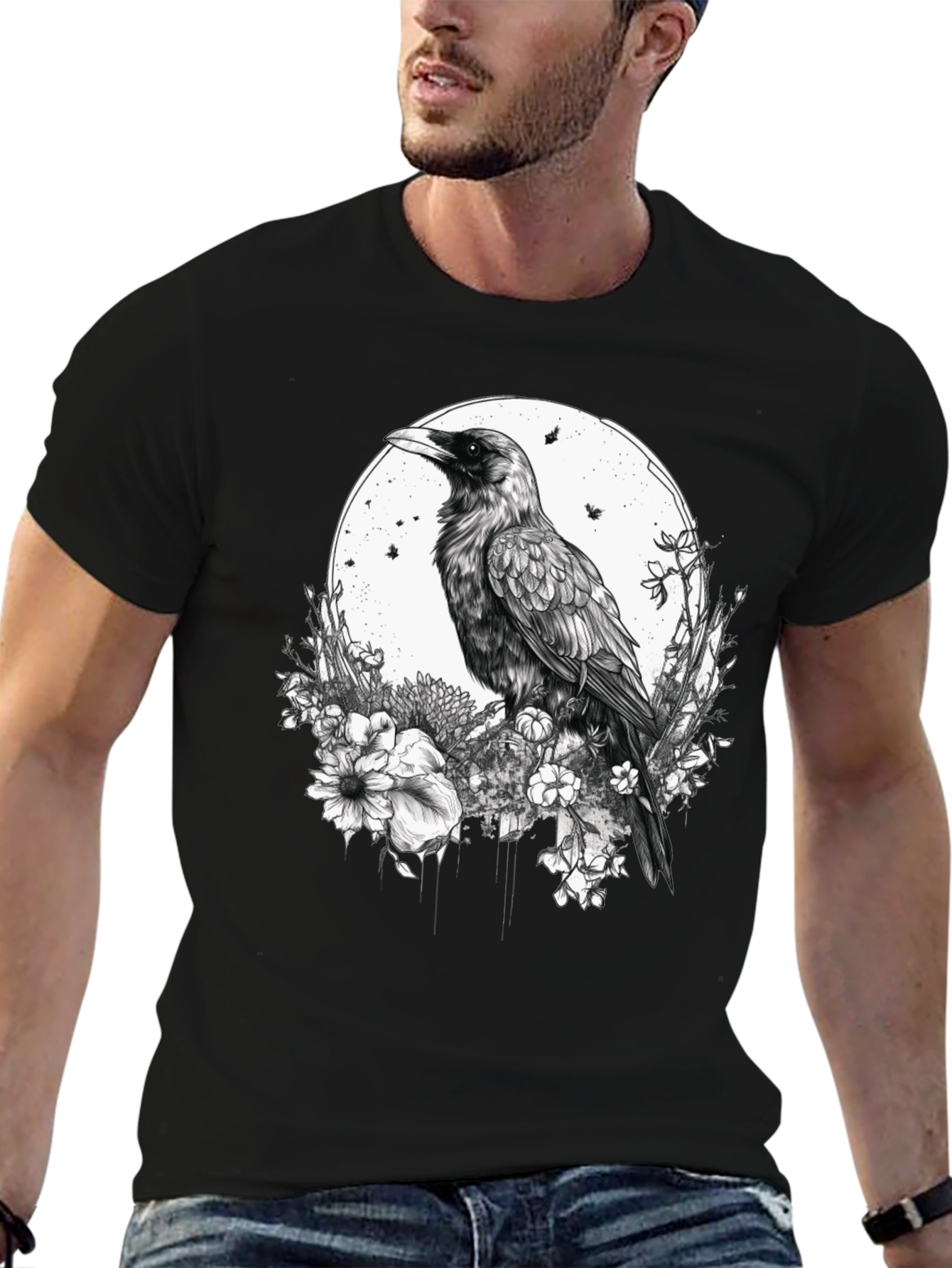 Raven & Floral Graphic Print Tee - Black