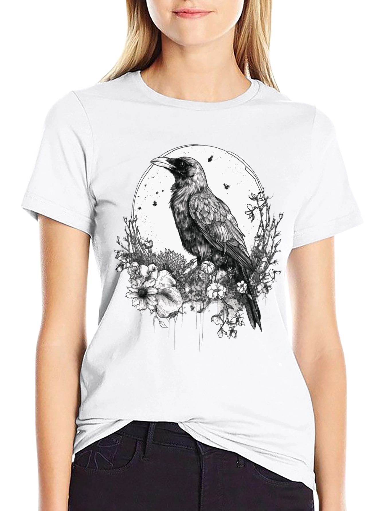 Raven & Floral Graphic Print Tee - Black