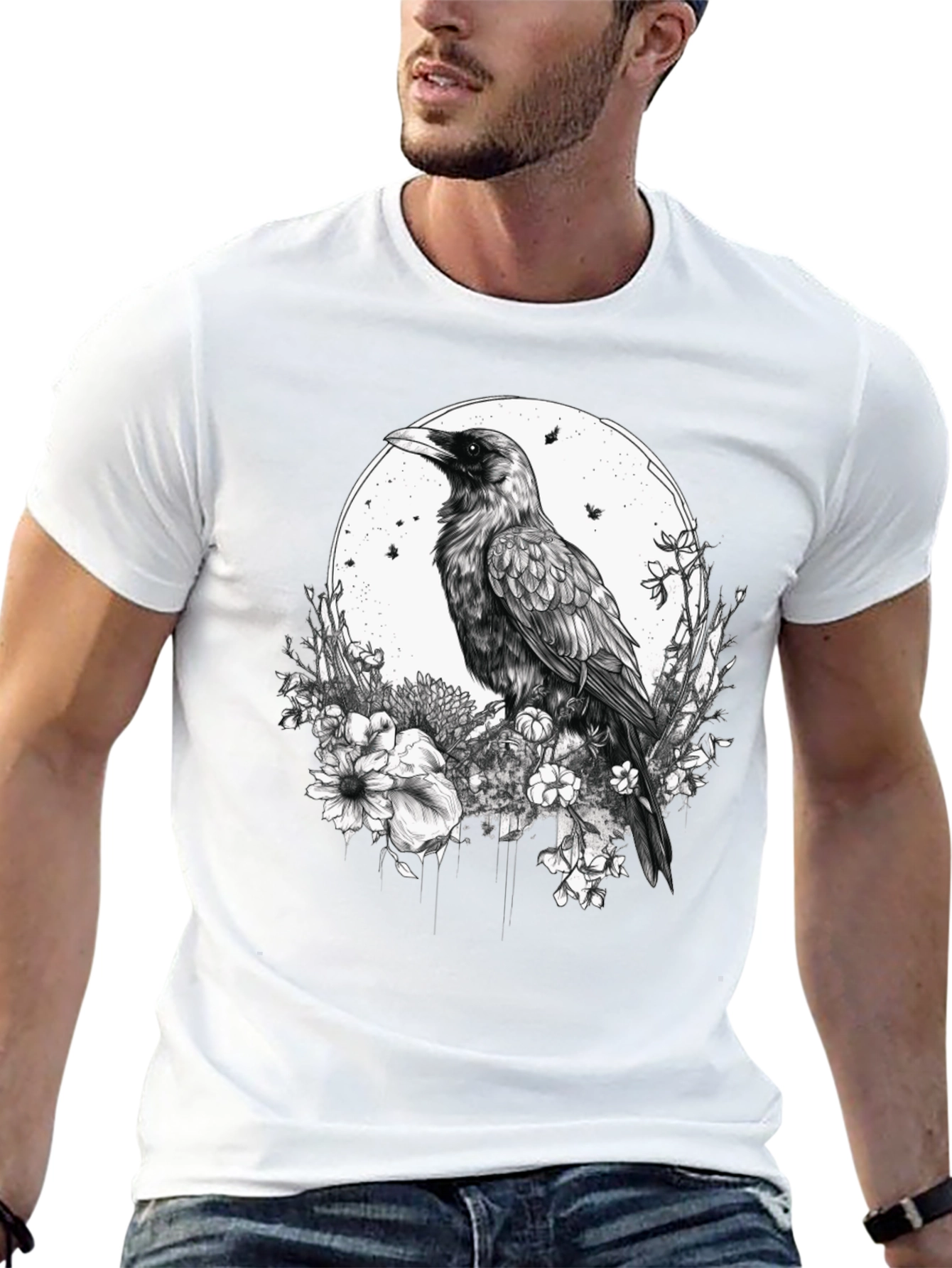 Raven & Floral Graphic Print Tee - Black