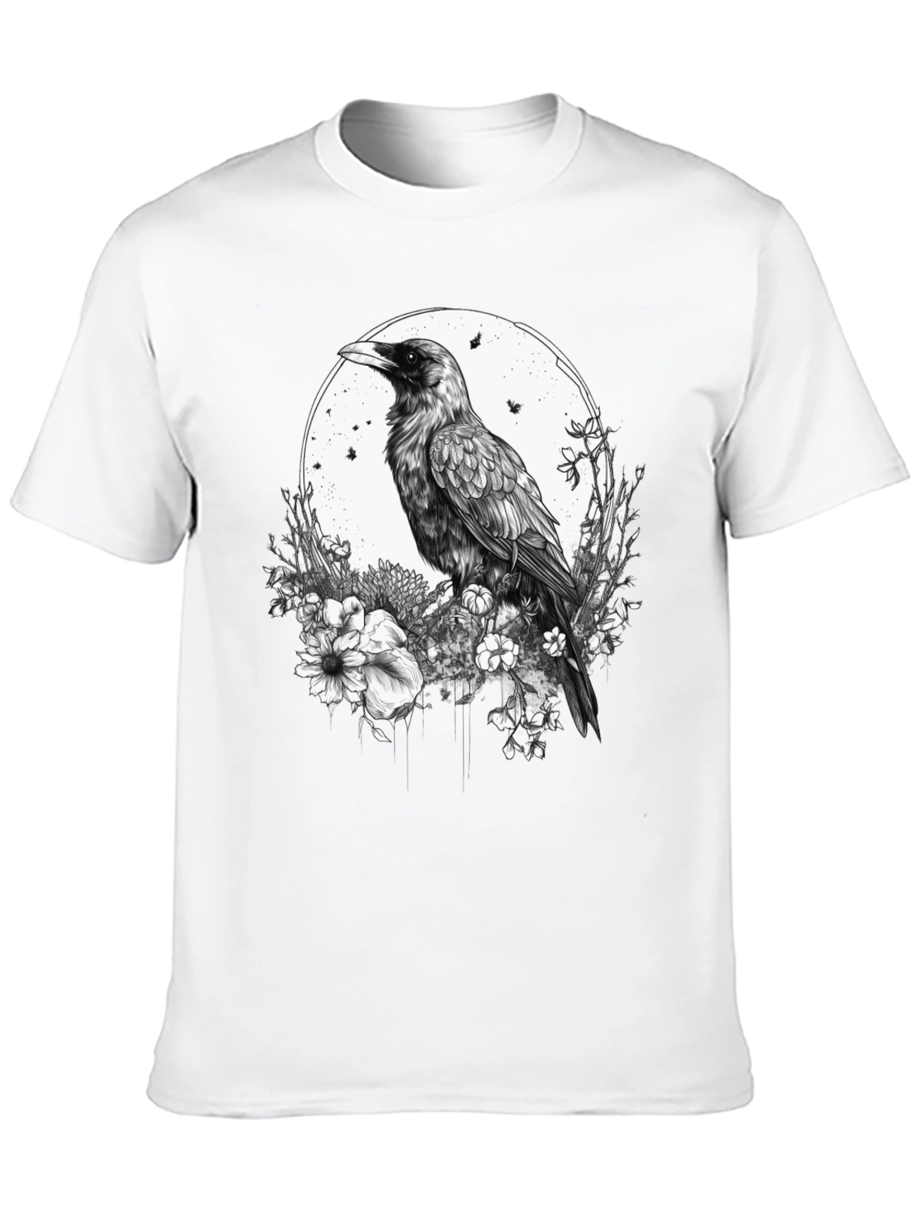 Raven & Floral Graphic Print Tee - Black