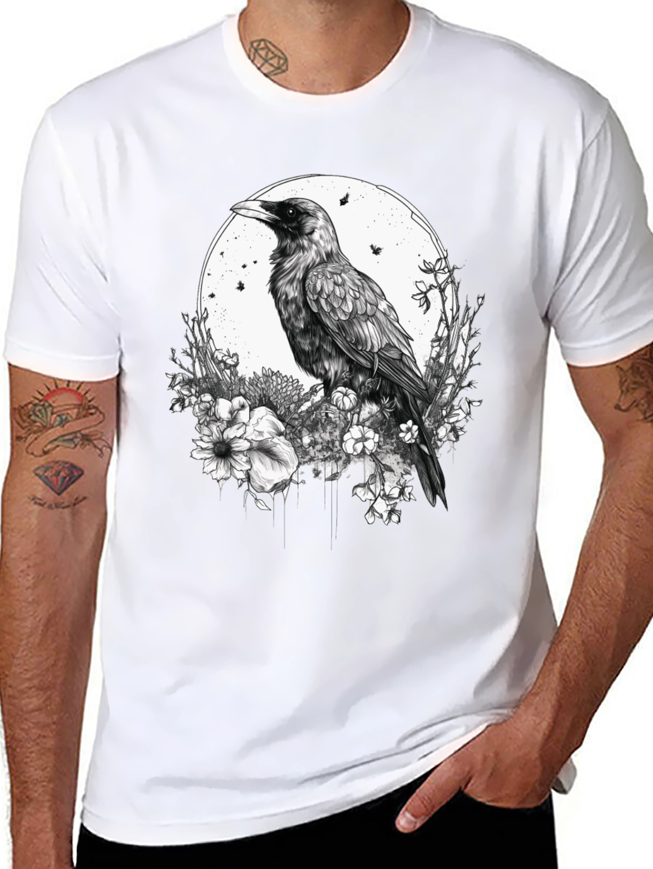 Raven & Floral Graphic Print Tee - Black