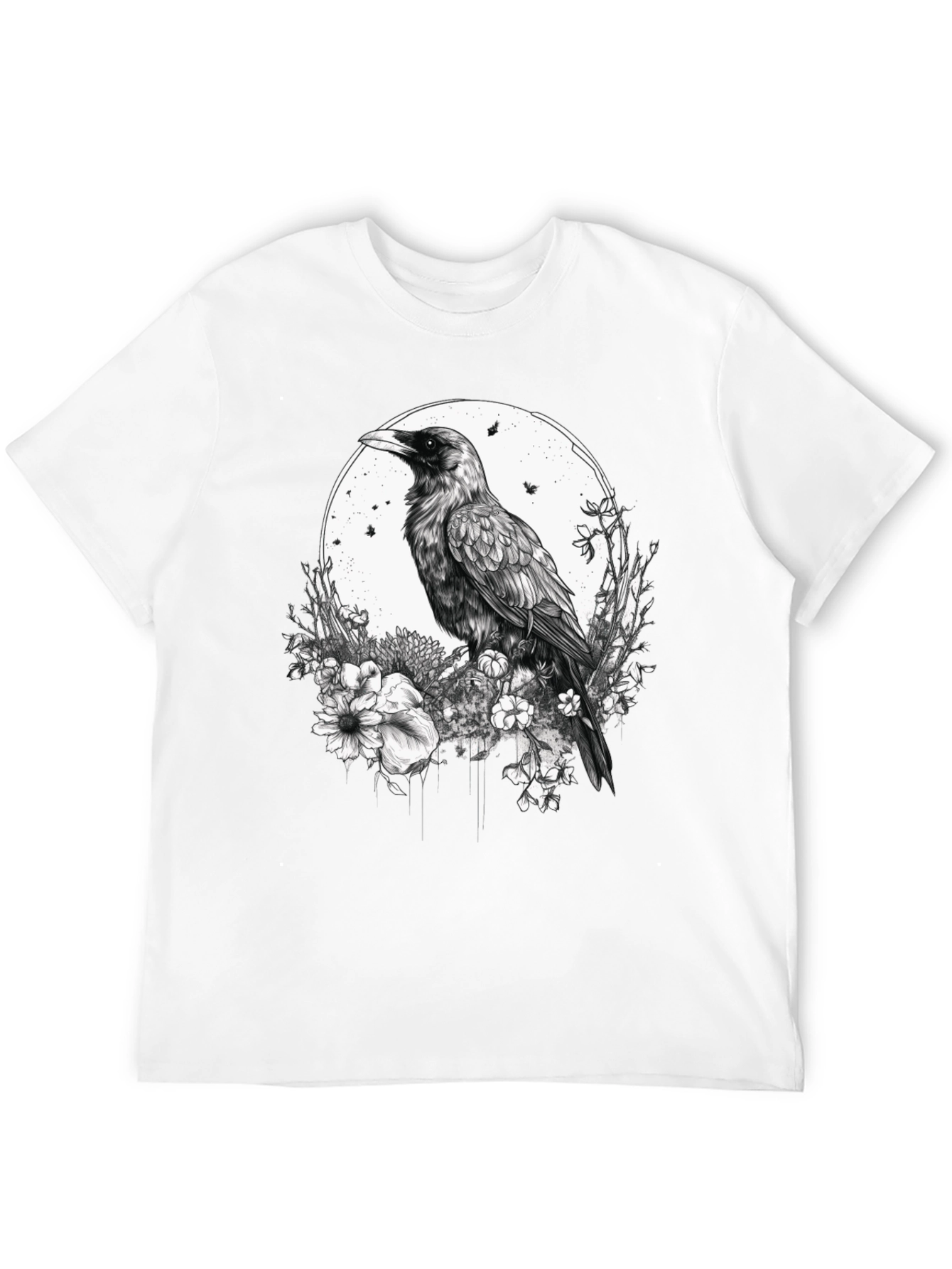 Raven & Floral Graphic Print Tee - Black