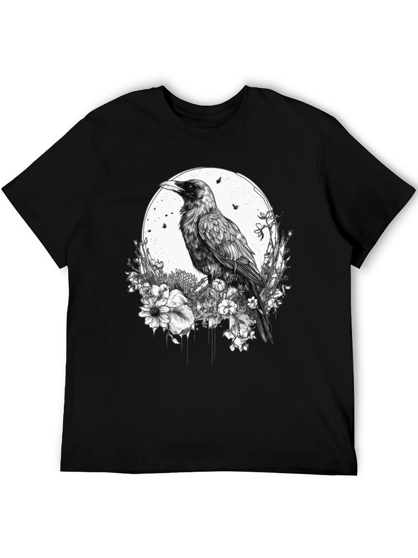 Raven & Floral Graphic Print Tee - Black