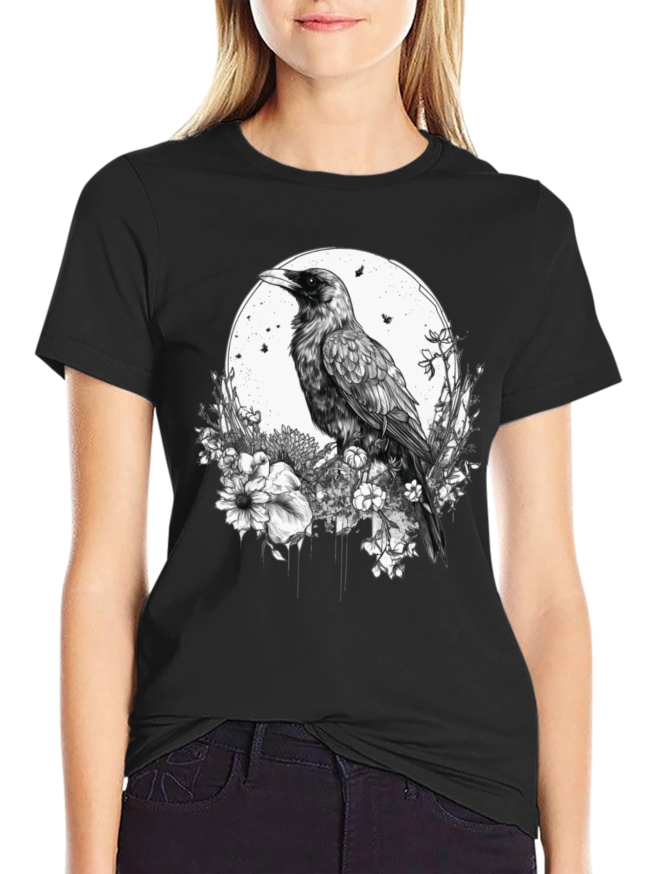 Raven & Floral Graphic Print Tee - Black