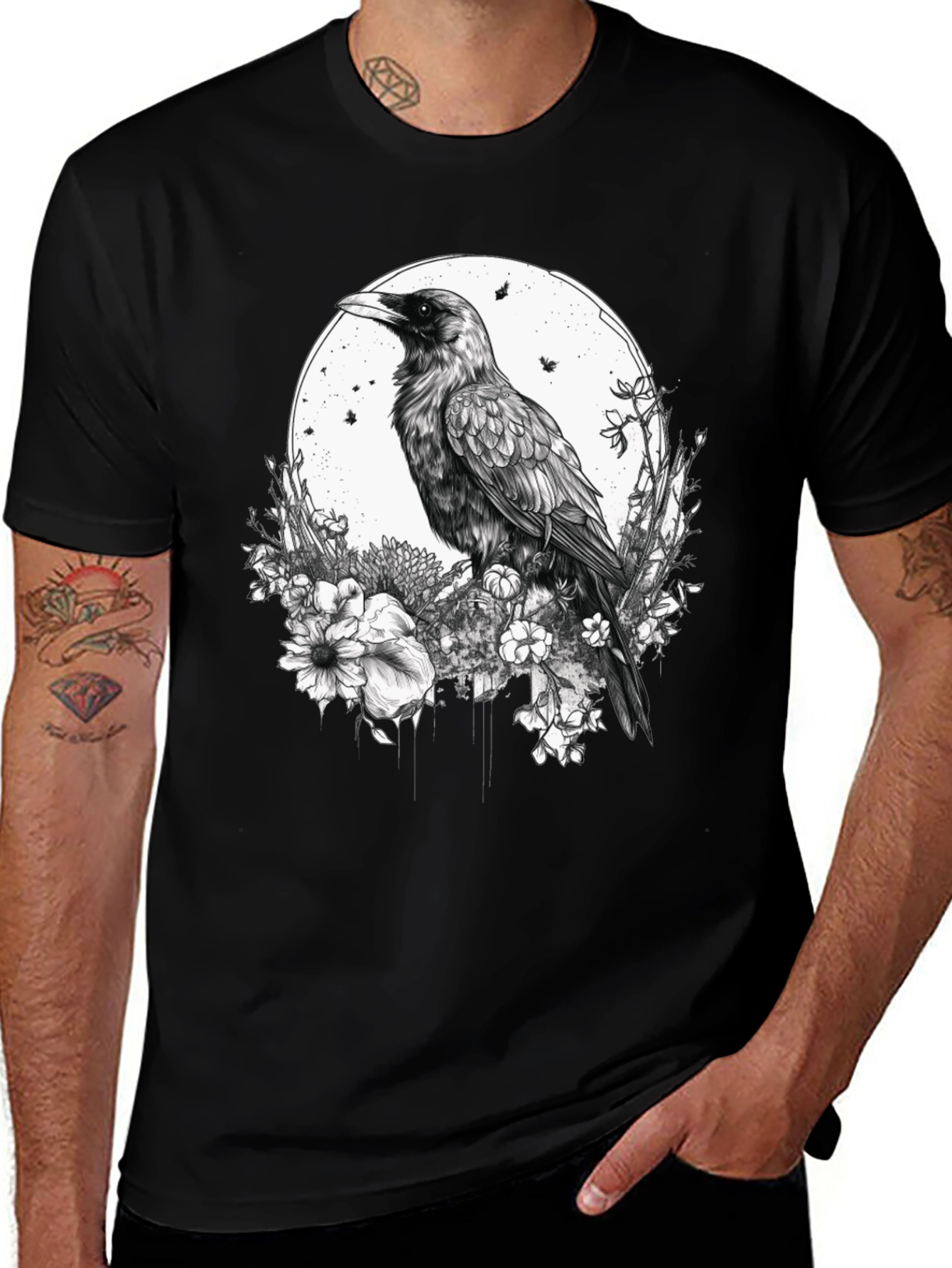 Raven & Floral Graphic Print Tee - Black
