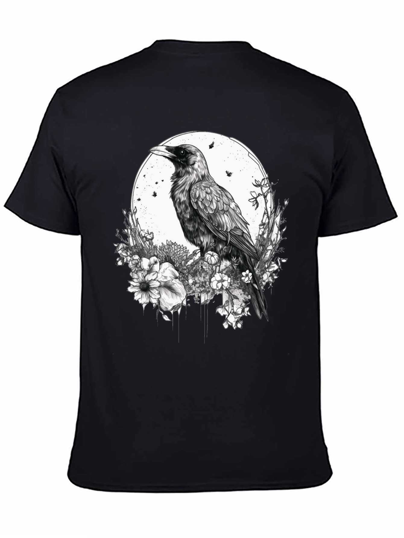 Raven & Floral Graphic Print Tee - Black