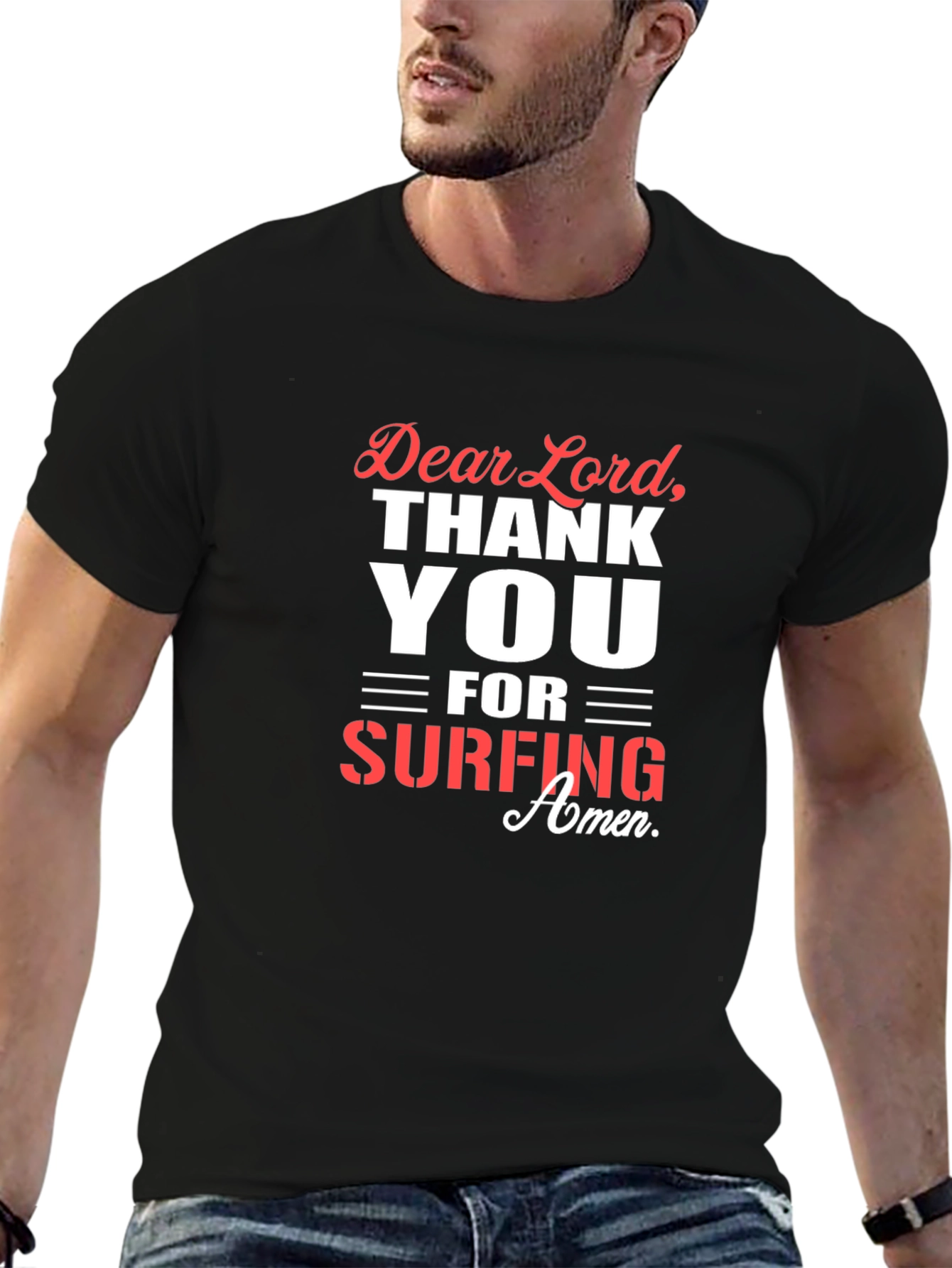 Dear Lord Surfing Amen Black T-Shirt