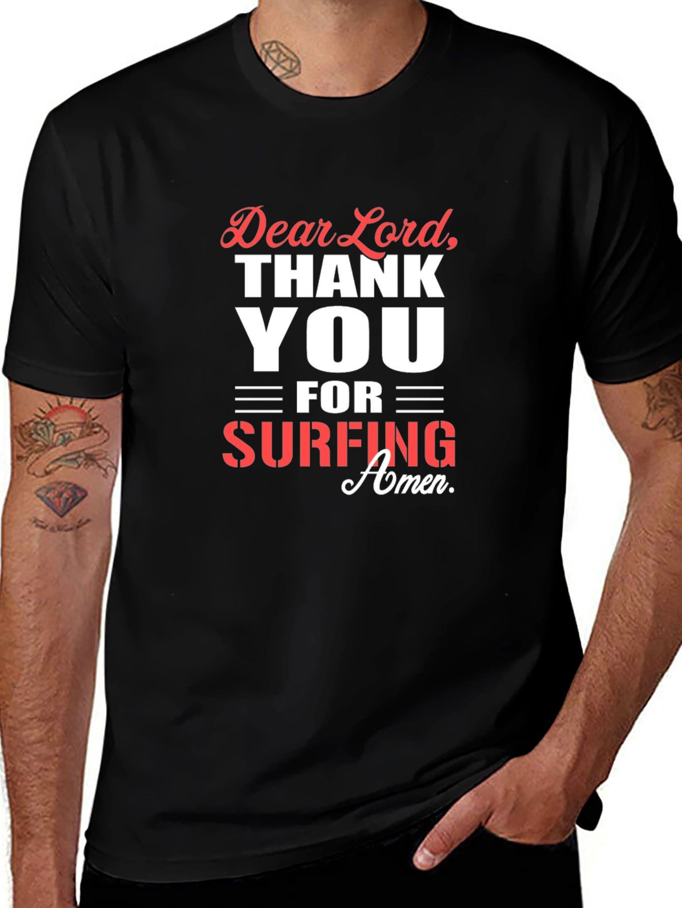 Dear Lord Surfing Amen Black T-Shirt