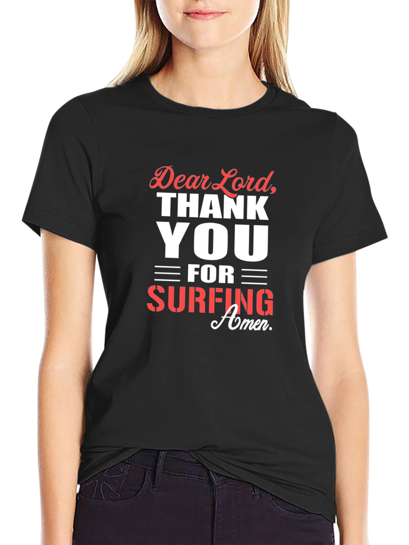 Dear Lord Surfing Amen Black T-Shirt