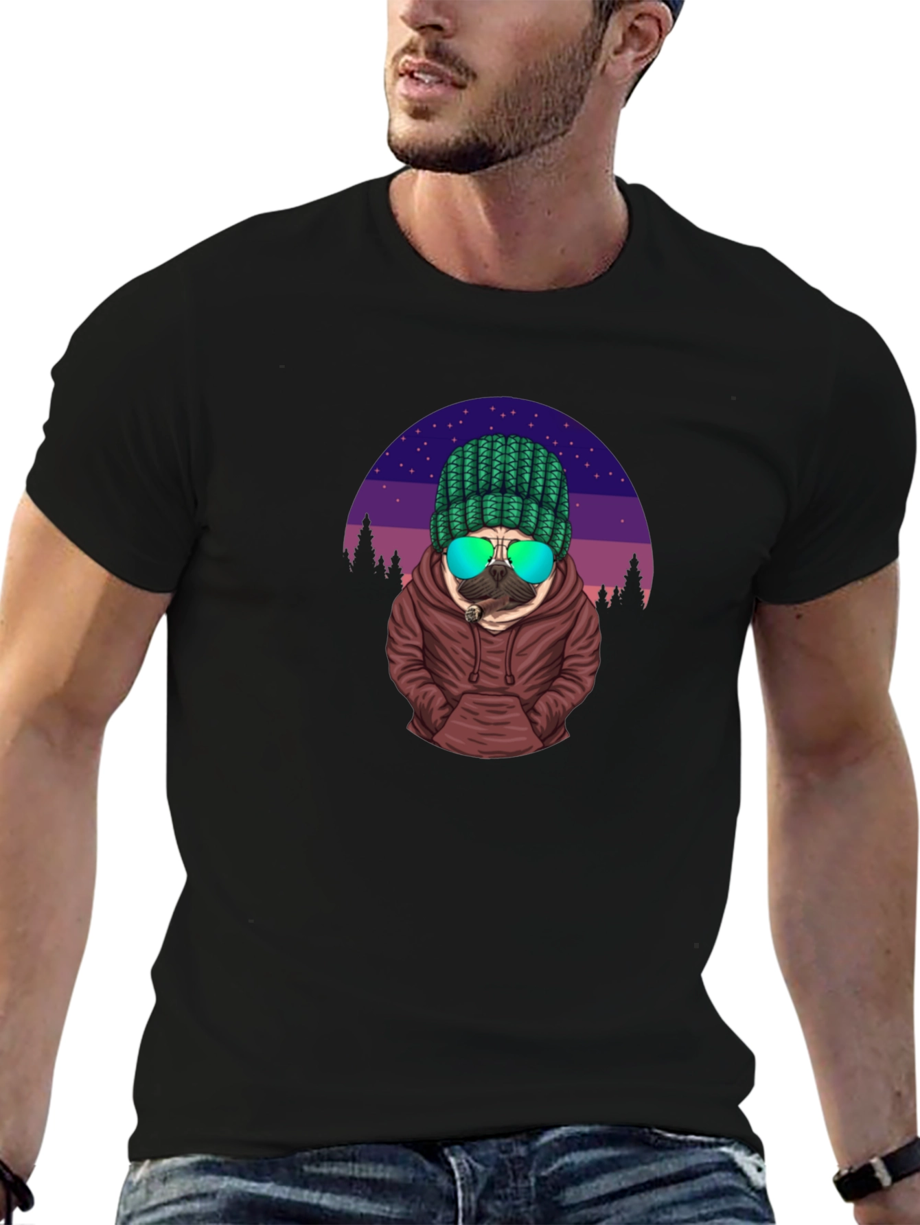 Cool Pug T-Shirt - Knitted Hat & Shades
