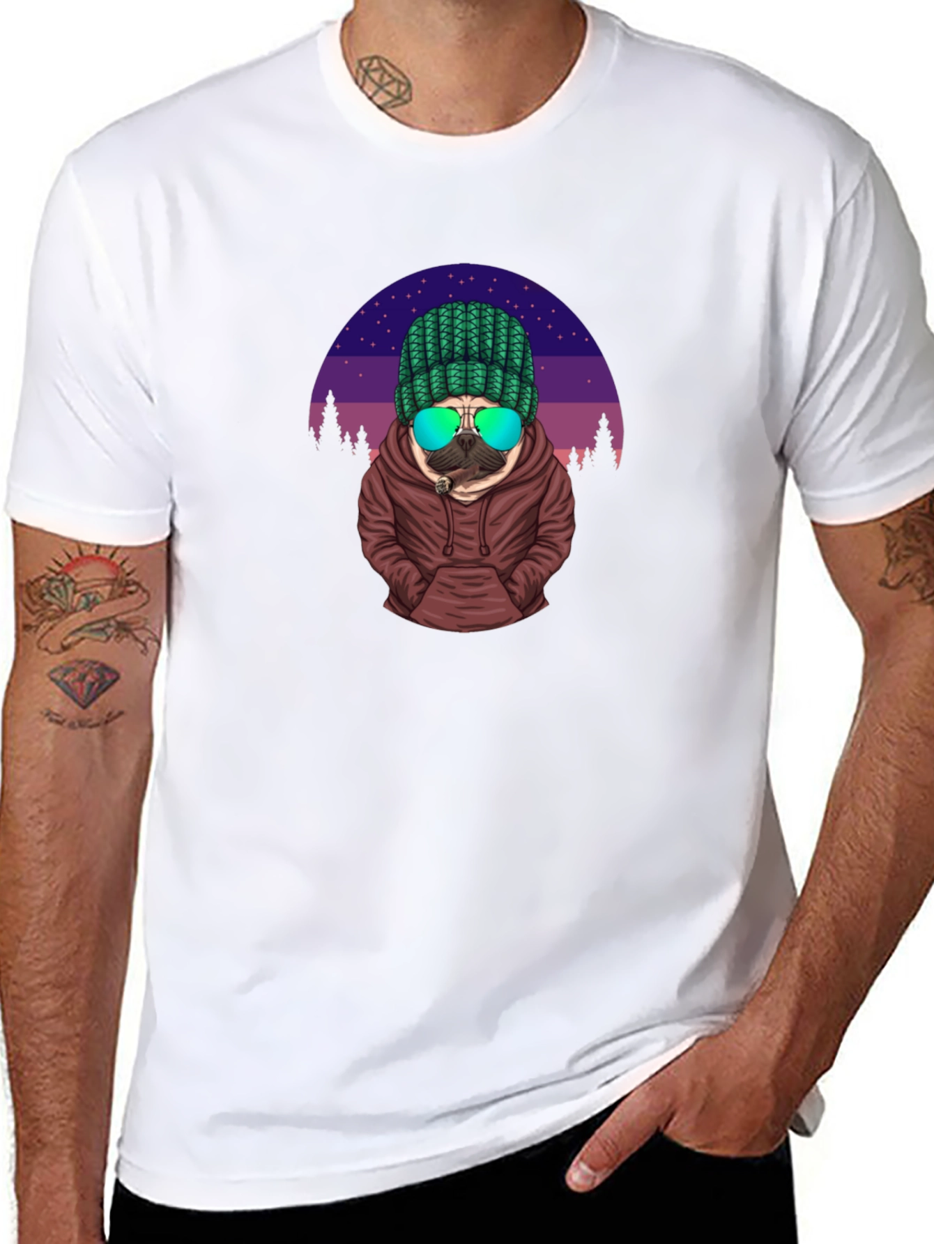 Cool Pug T-Shirt - Knitted Hat & Shades