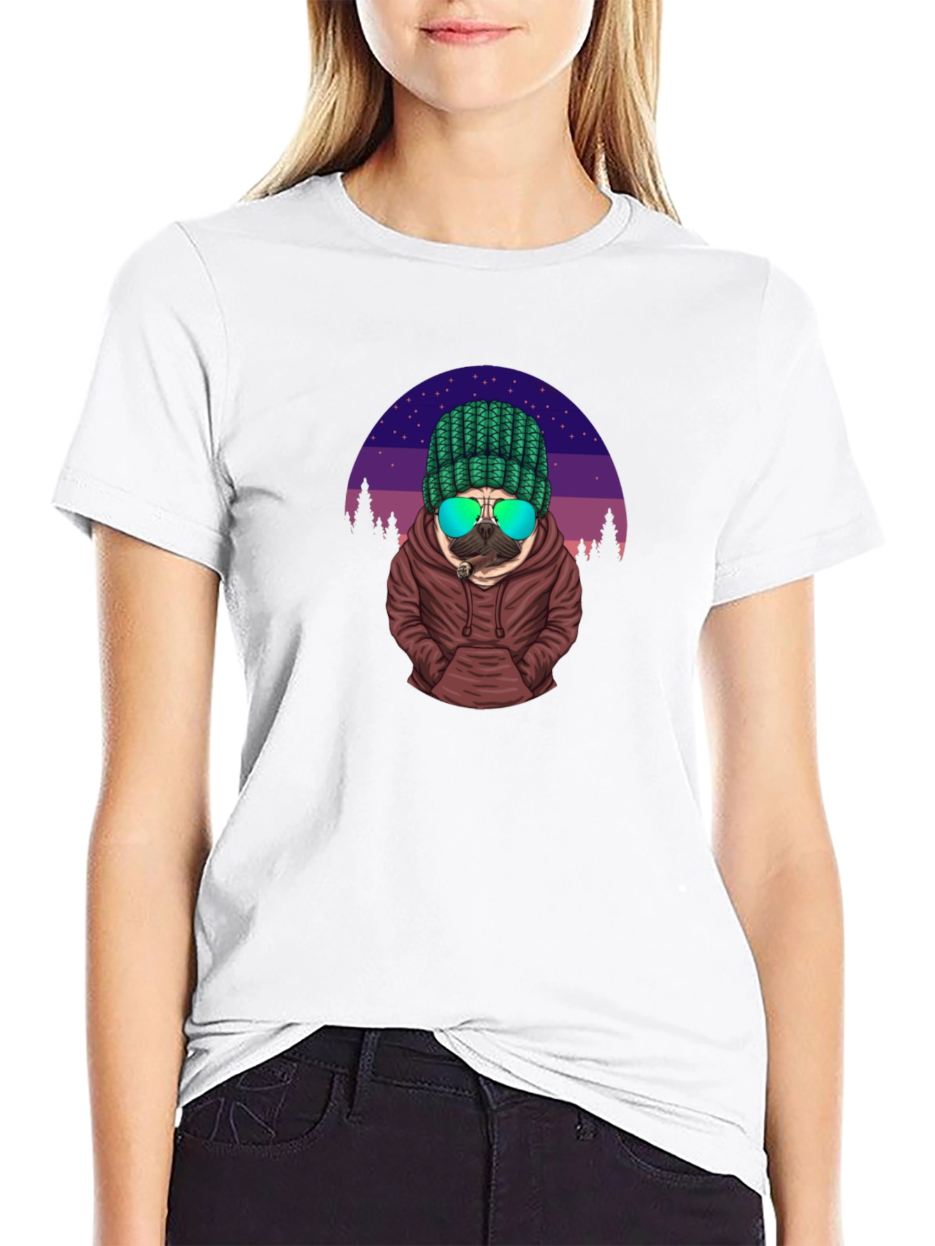 Cool Pug T-Shirt - Knitted Hat & Shades