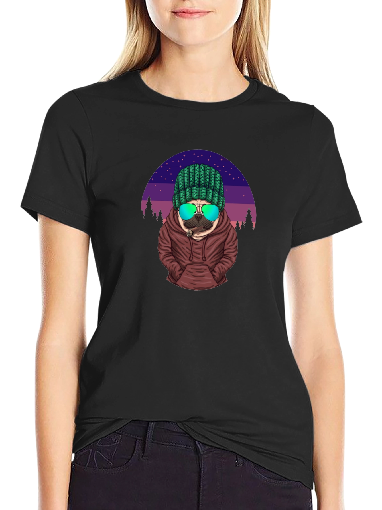 Cool Pug T-Shirt - Knitted Hat & Shades