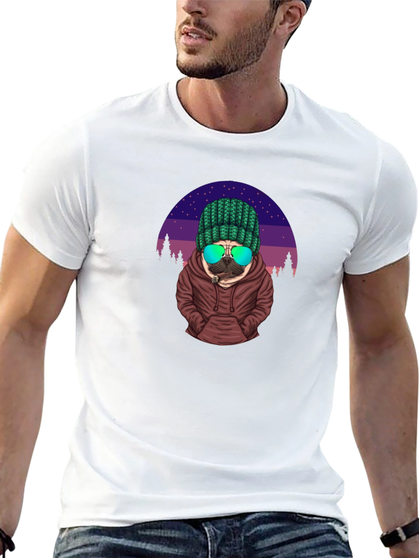 Cool Pug T-Shirt - Knitted Hat & Shades