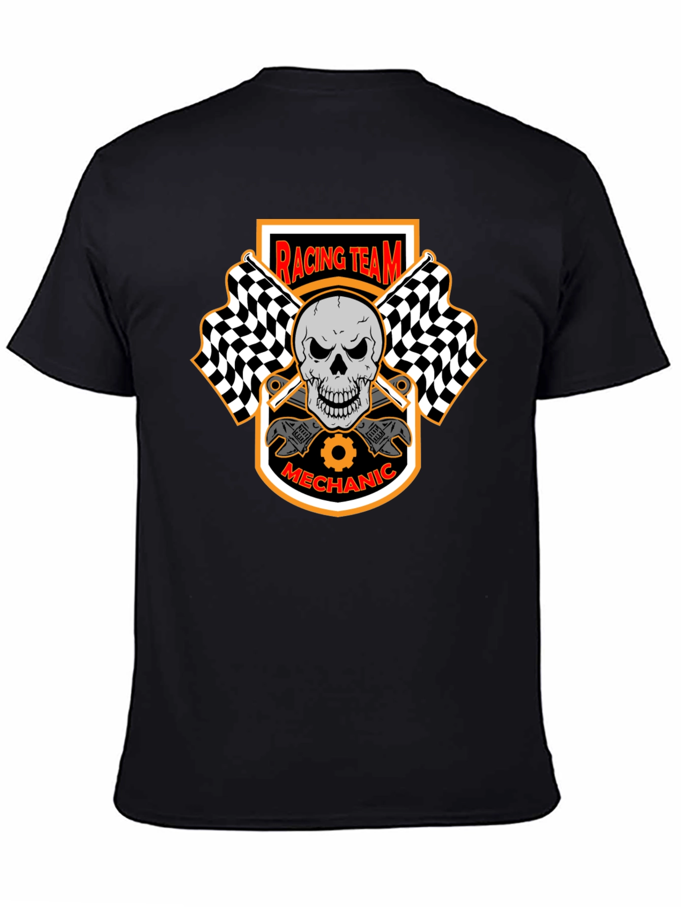 Racing Team Mechanic Skull Graphic Black T-Shirt
