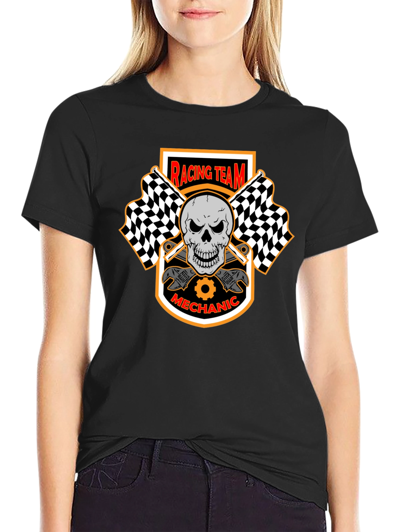 Racing Team Mechanic Skull Graphic Black T-Shirt
