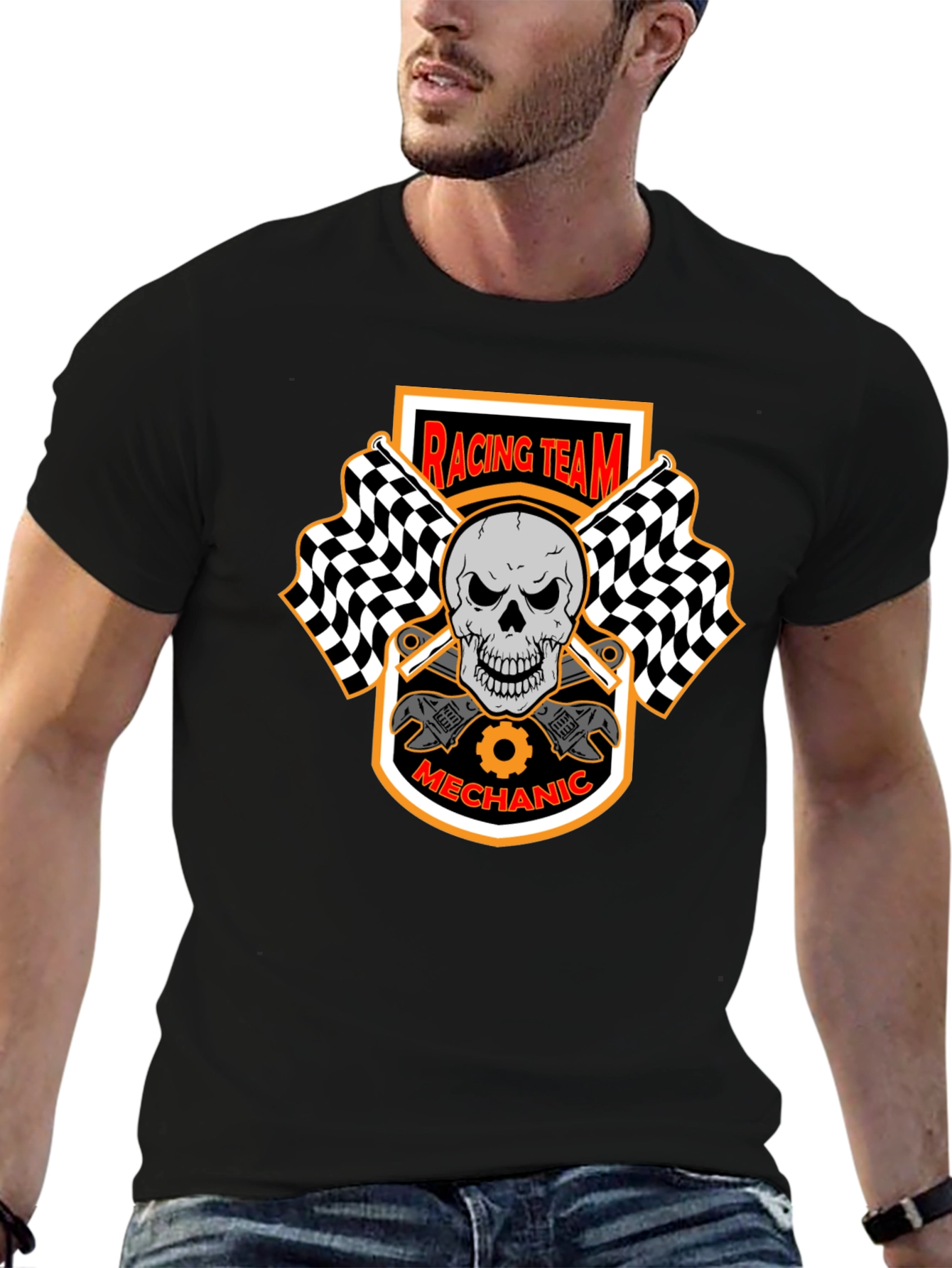Racing Team Mechanic Skull Graphic Black T-Shirt