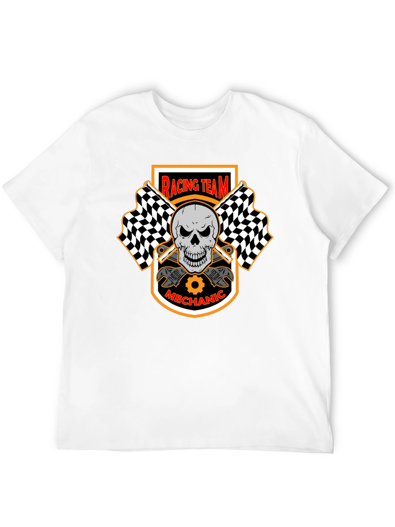 Racing Team Mechanic Skull Graphic Black T-Shirt