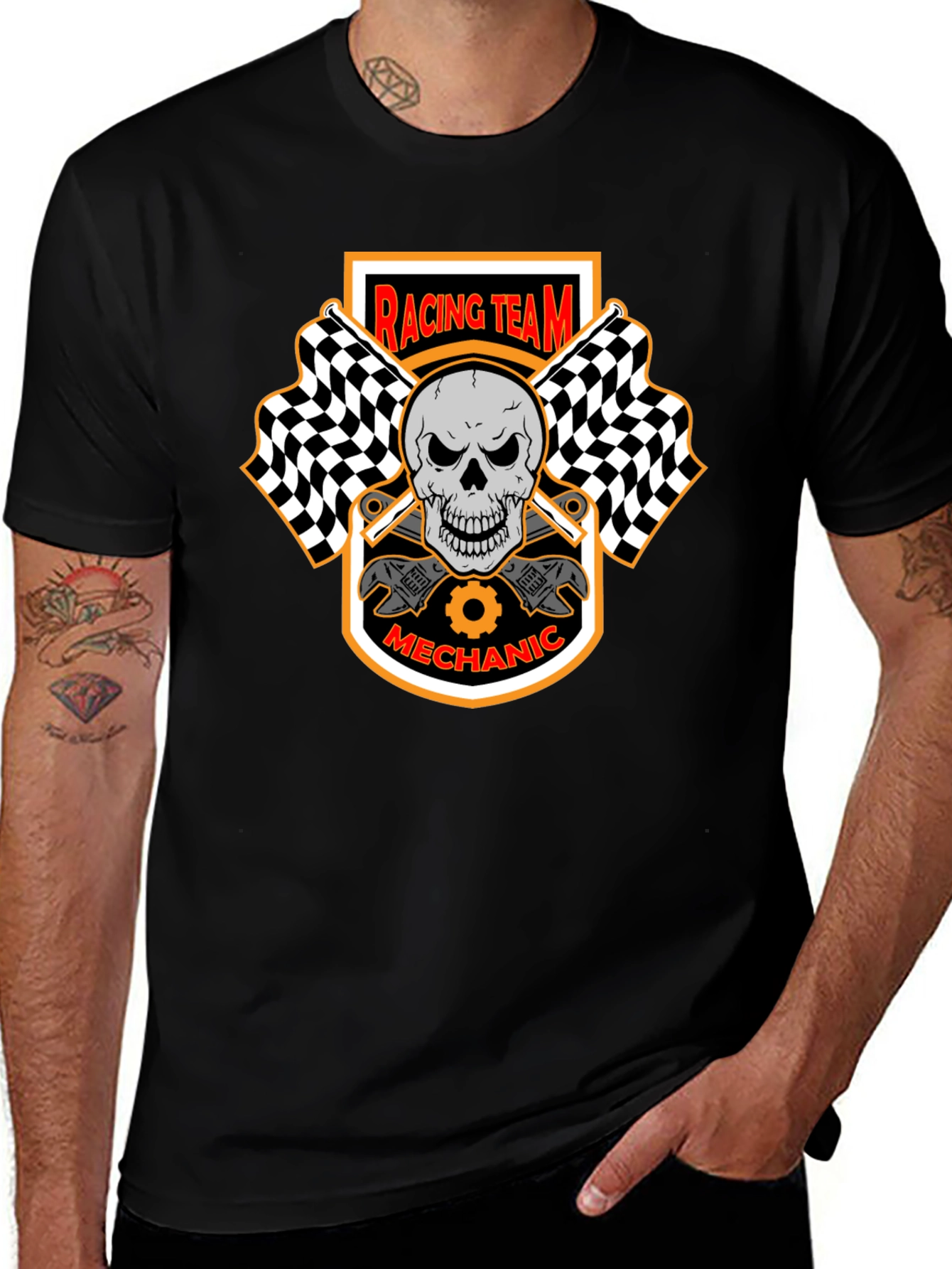 Racing Team Mechanic Skull Graphic Black T-Shirt