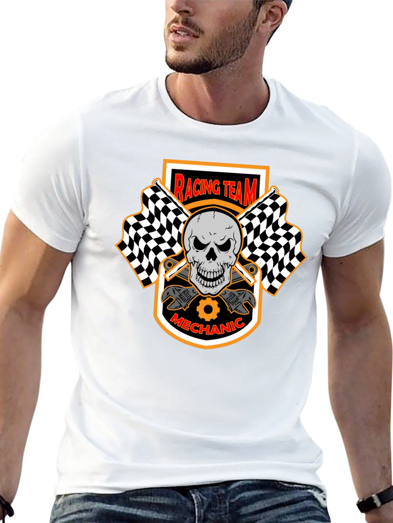 Racing Team Mechanic Skull Graphic Black T-Shirt