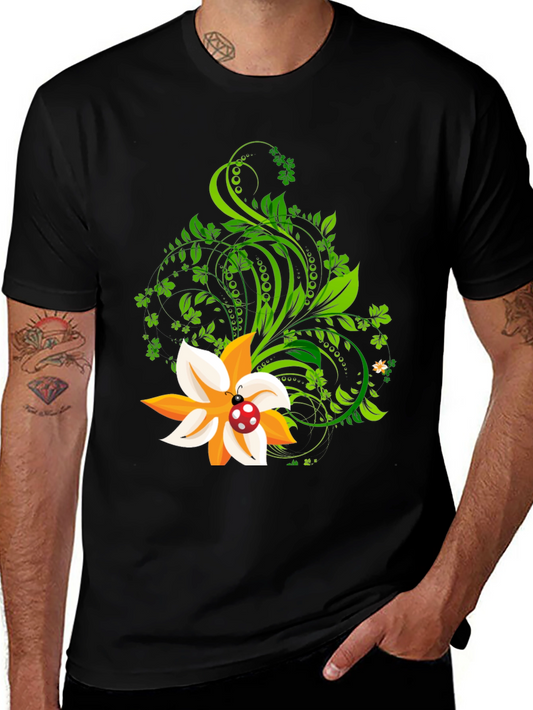 Floral Ladybug Graphic Tee - Stylish Black Cotton T-Shirt