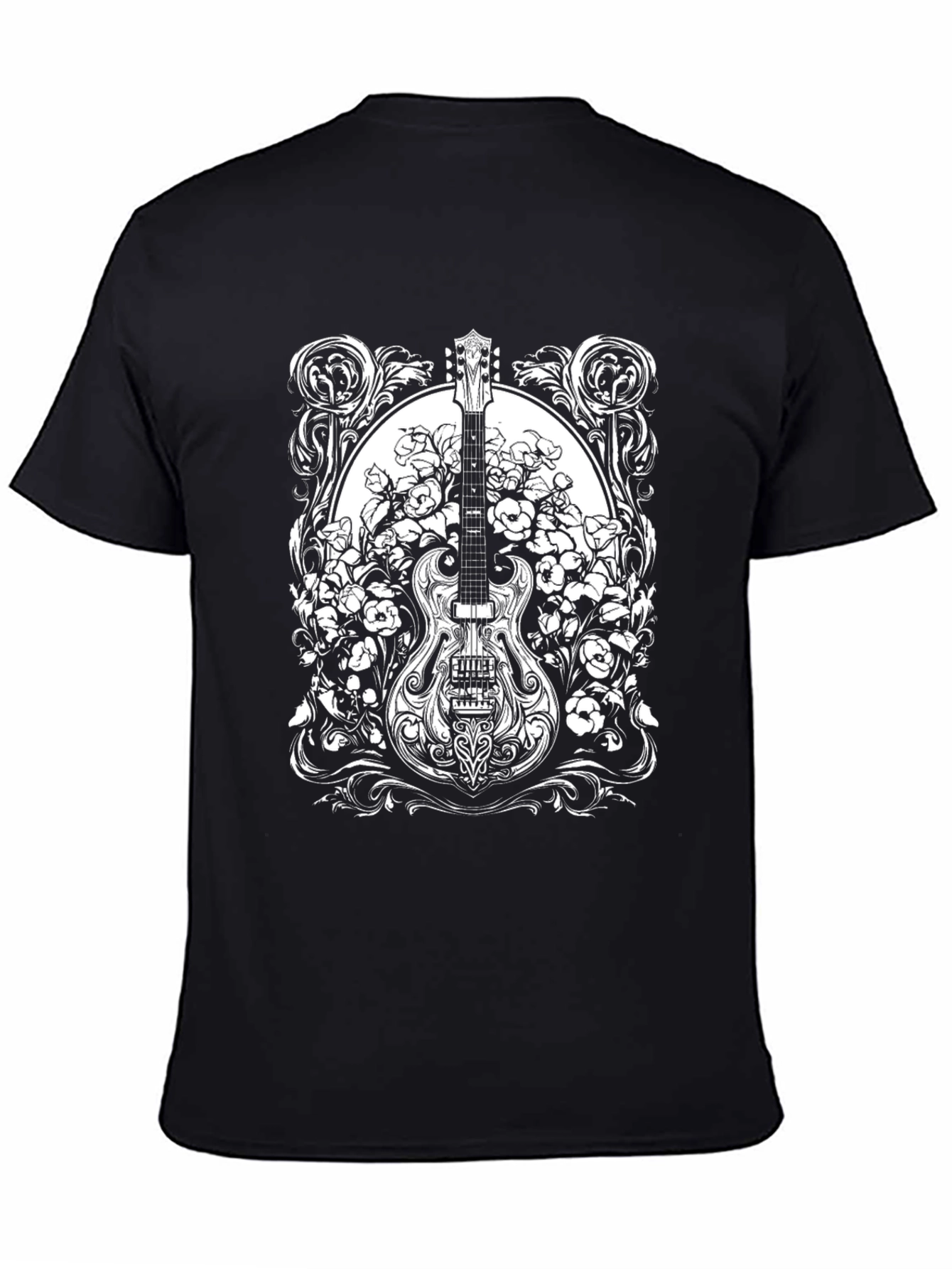 Guitar Floral Graphic Tee - Black Cotton Blend
