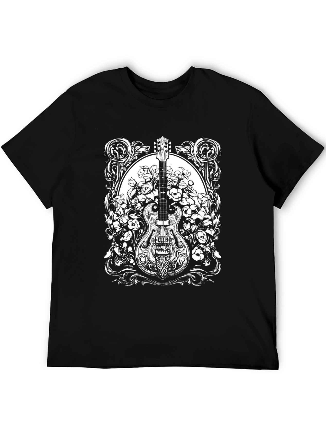 Guitar Floral Graphic Tee - Black Cotton Blend