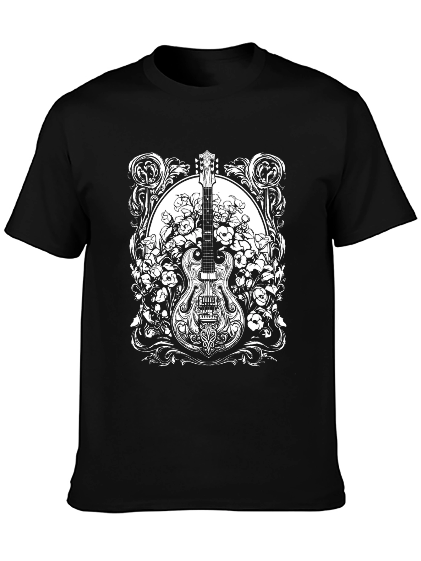Guitar Floral Graphic Tee - Black Cotton Blend
