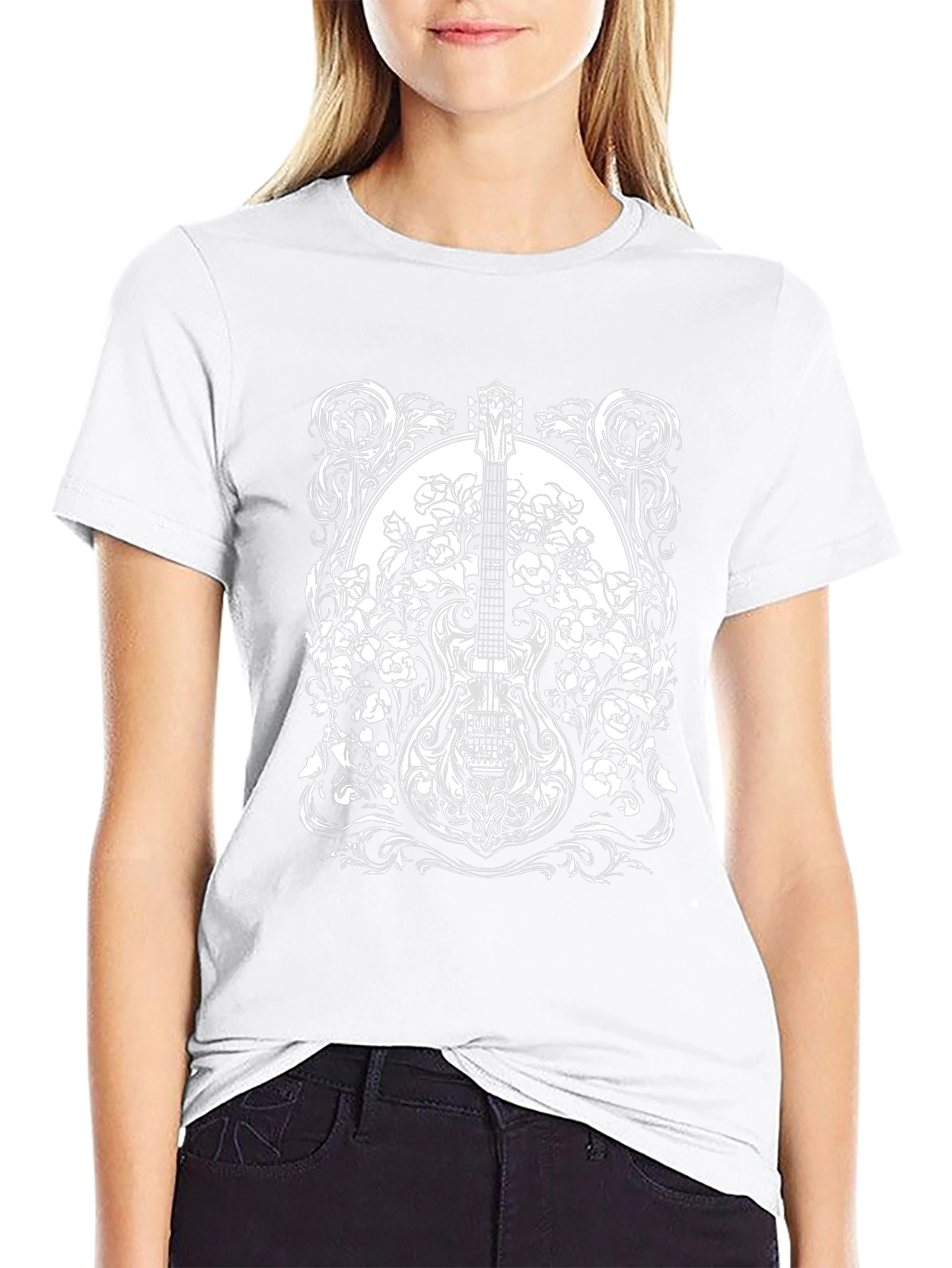 Guitar Floral Graphic Tee - Black Cotton Blend