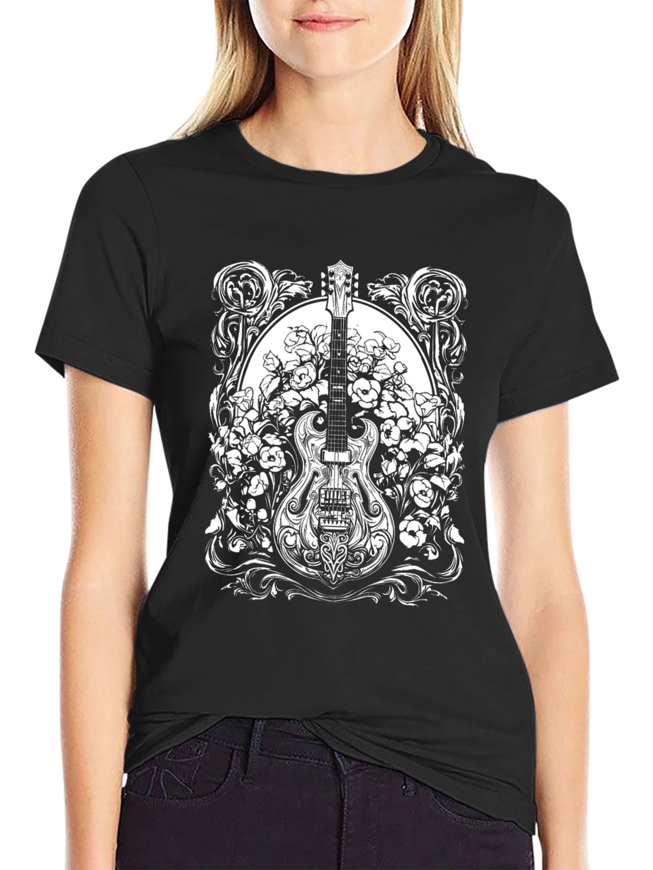 Guitar Floral Graphic Tee - Black Cotton Blend