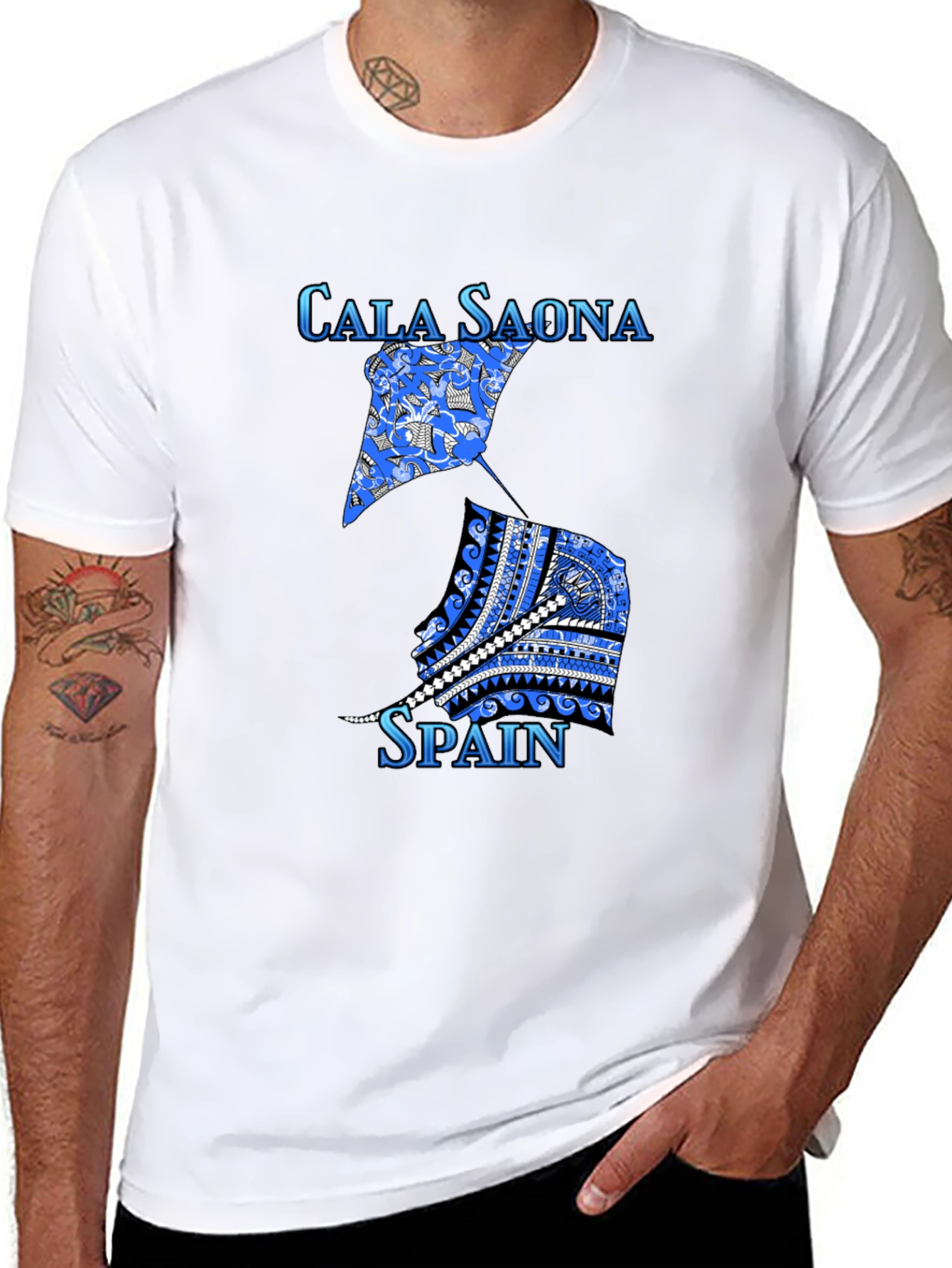 Cala Saona Spain T-Shirt: Unique Blue Graphic Tee