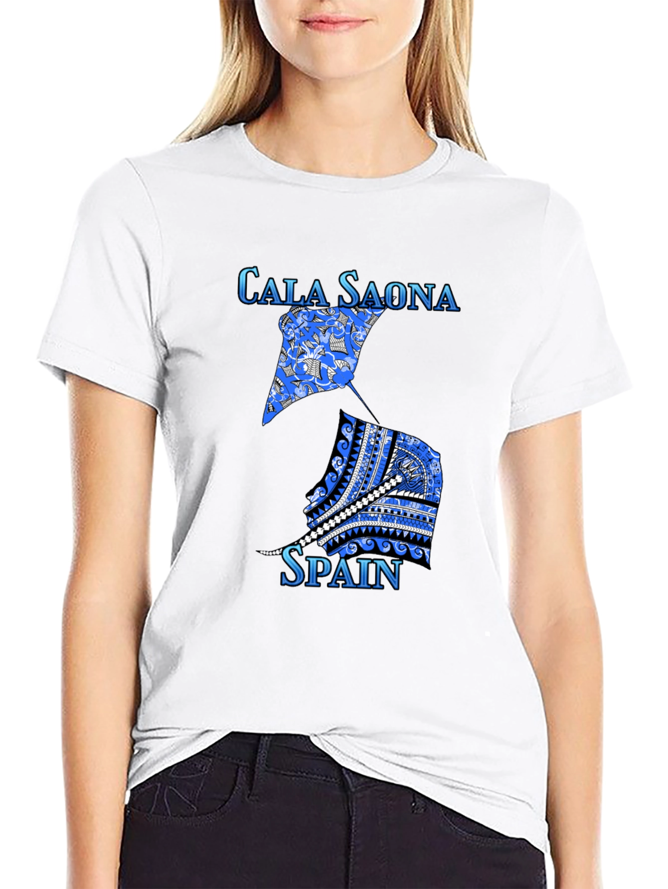 Cala Saona Spain T-Shirt: Unique Blue Graphic Tee