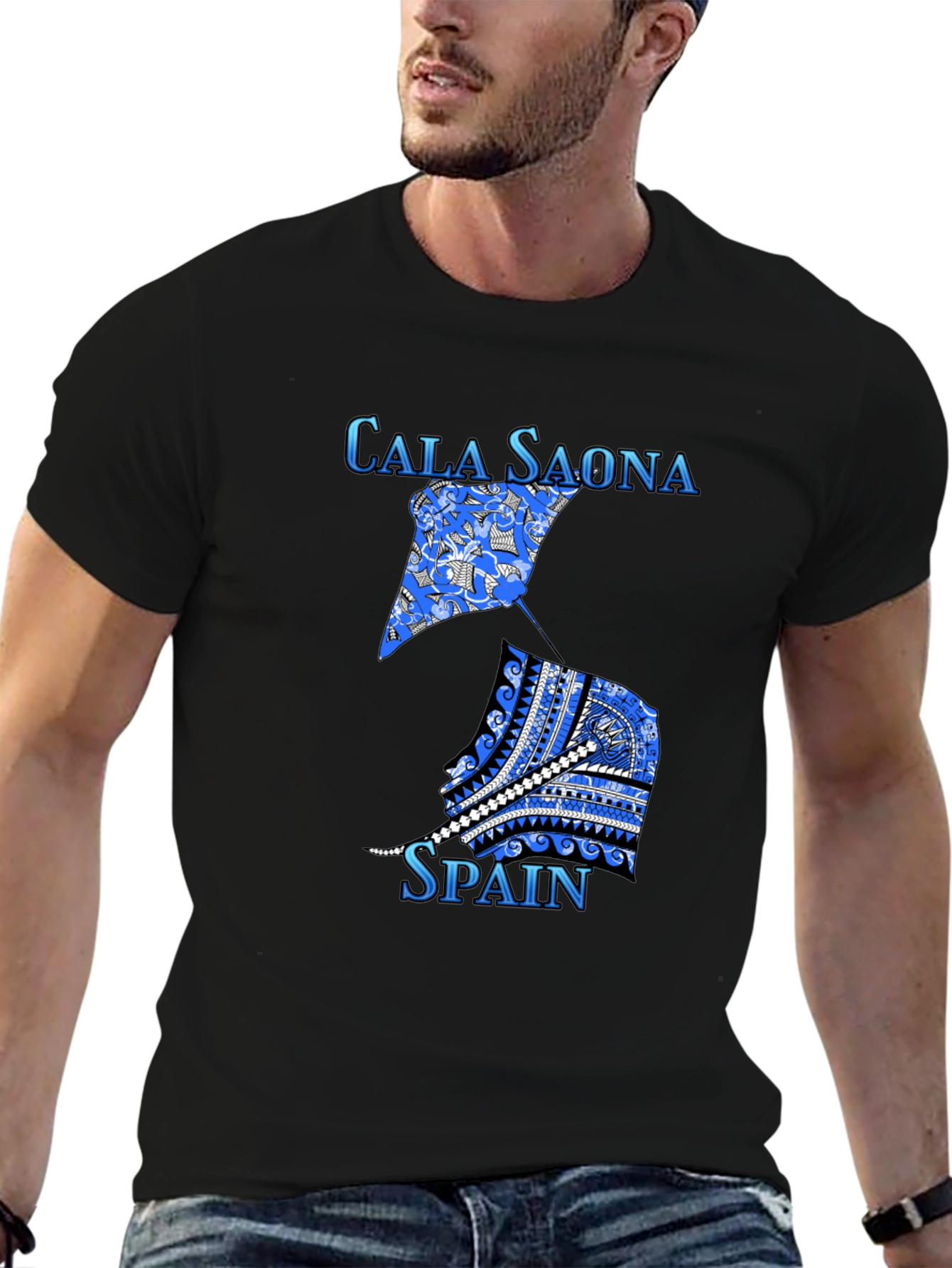 Cala Saona Spain T-Shirt: Unique Blue Graphic Tee