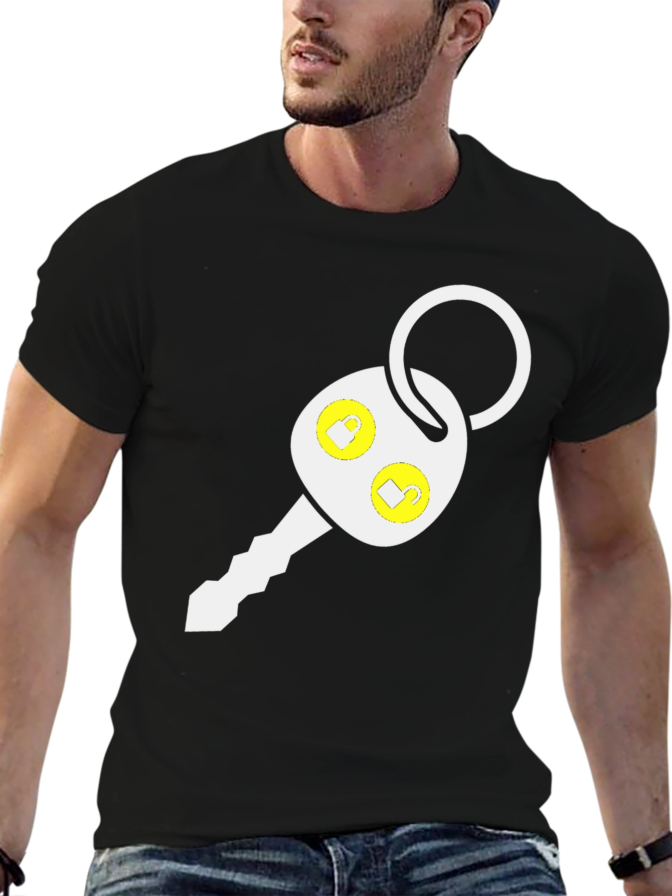 Car Key Graphic Tee - Black Cotton Blend T-Shirt