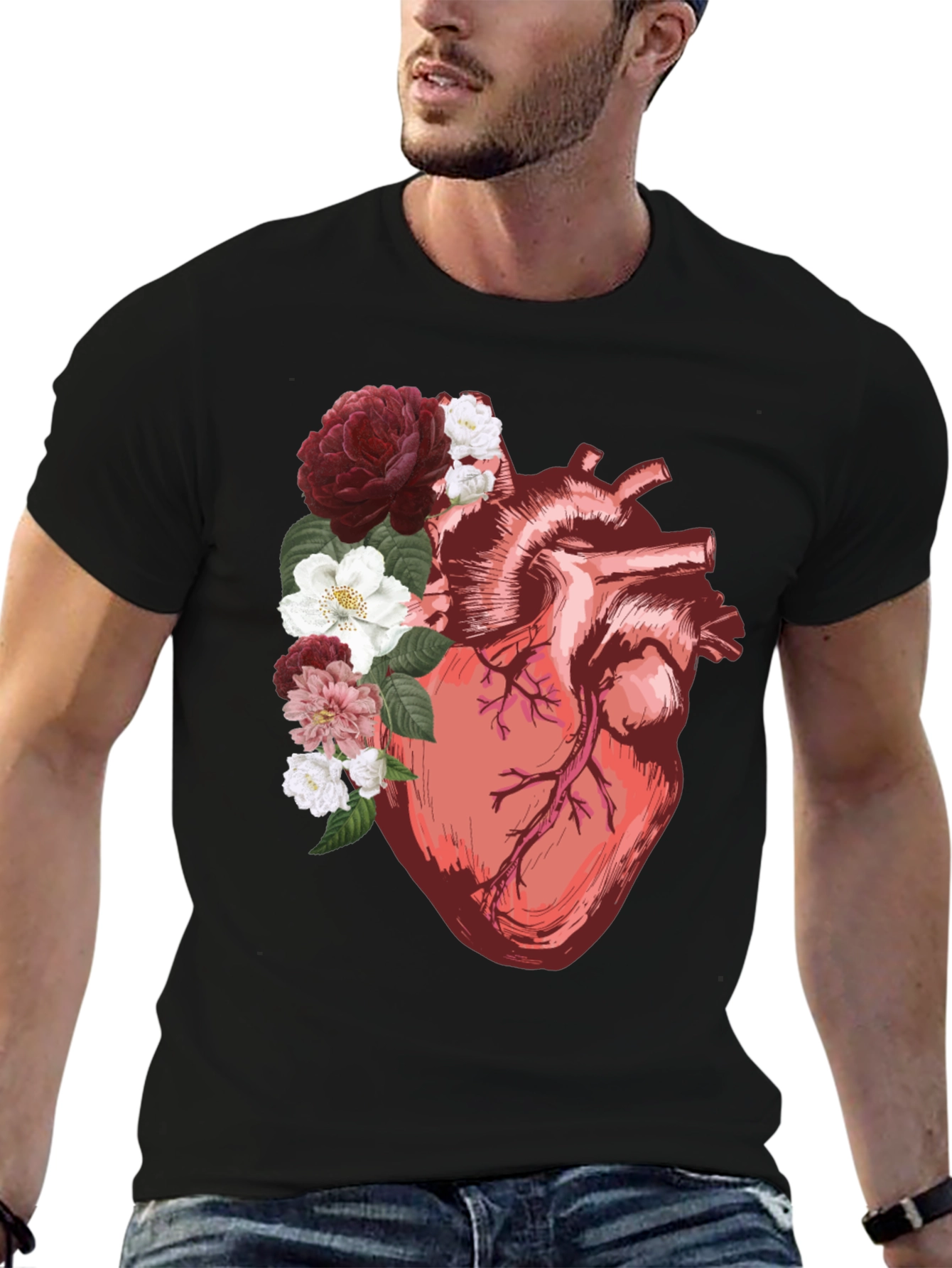Floral Heart Graphic Tee - Anatomical Art Shirt
