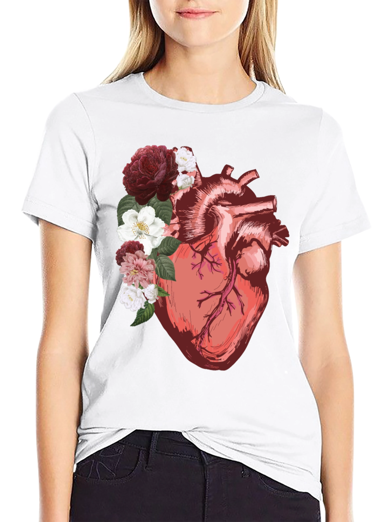 Floral Heart Graphic Tee - Anatomical Art Shirt
