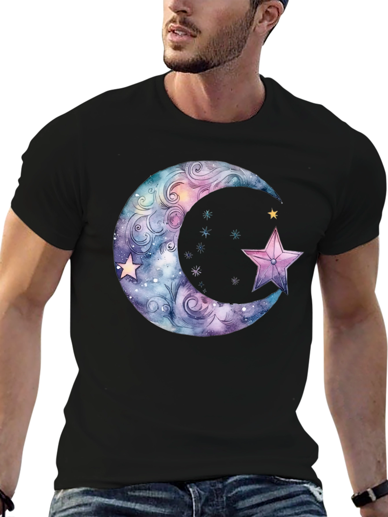 Celestial Moon & Star Graphic Black T-Shirt
