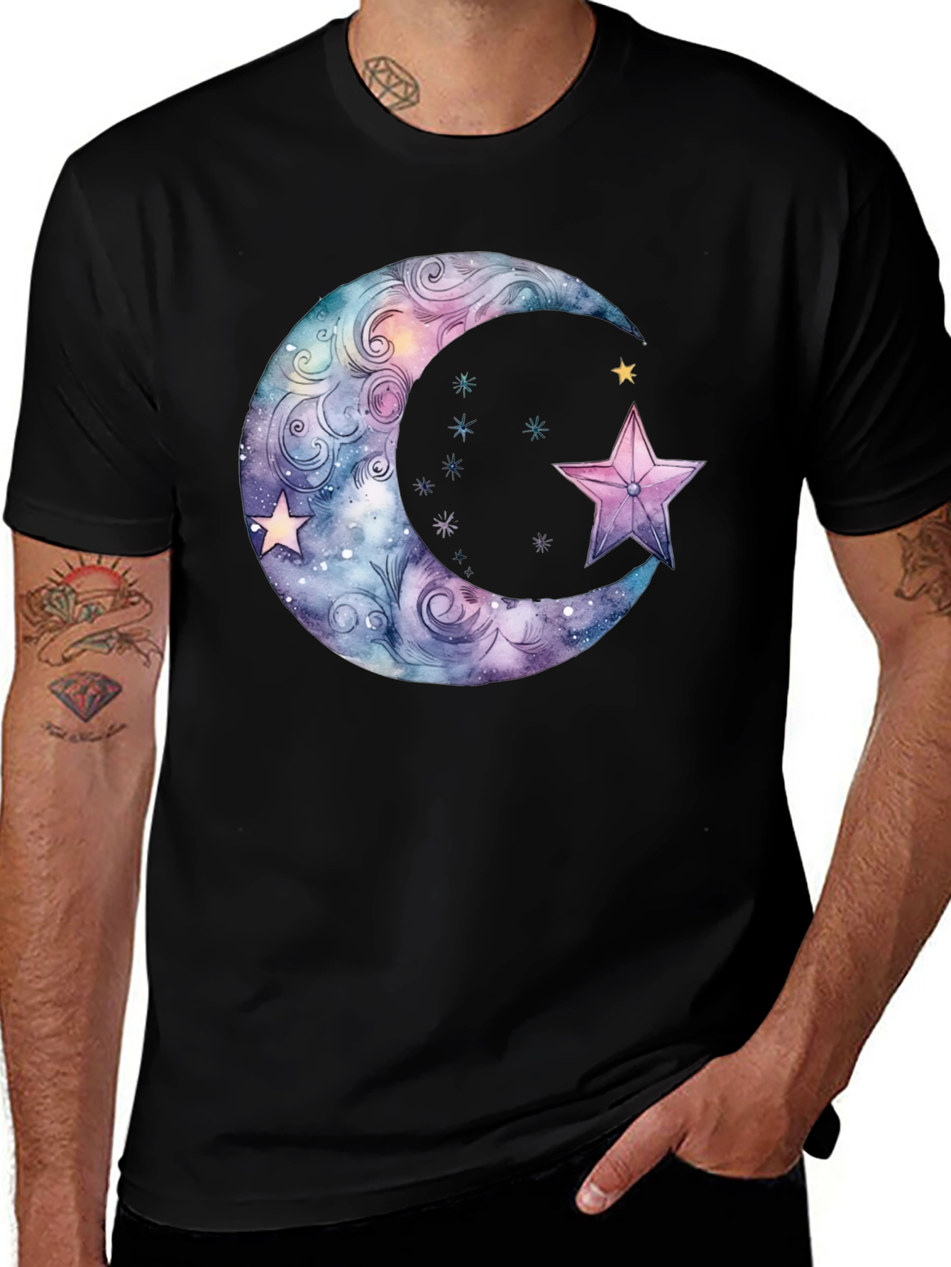Celestial Moon & Star Graphic Black T-Shirt