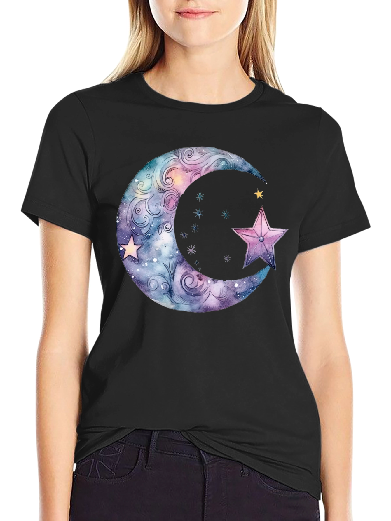 Celestial Moon & Star Graphic Black T-Shirt