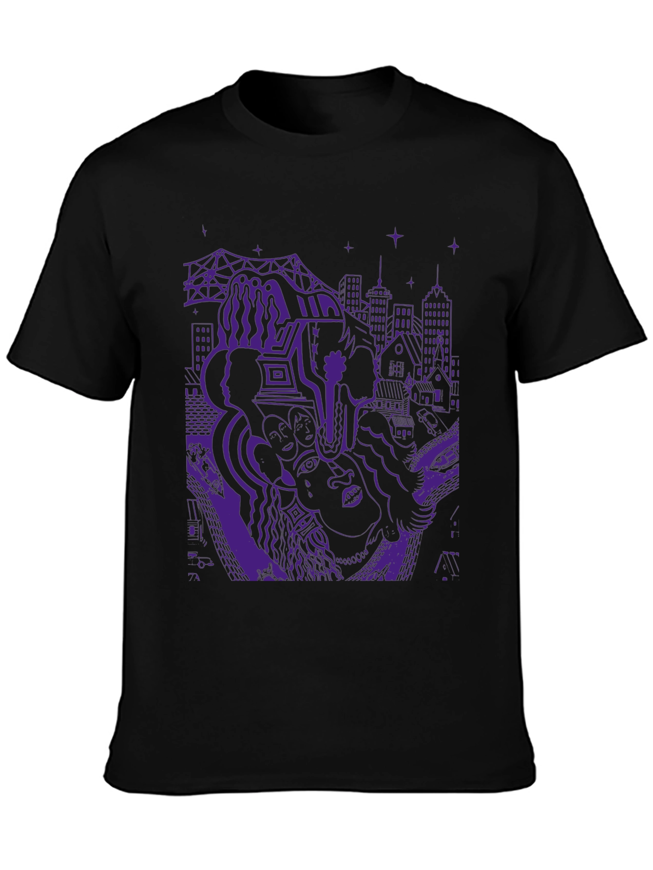 Unique Purple Graphic Print Black T-Shirt