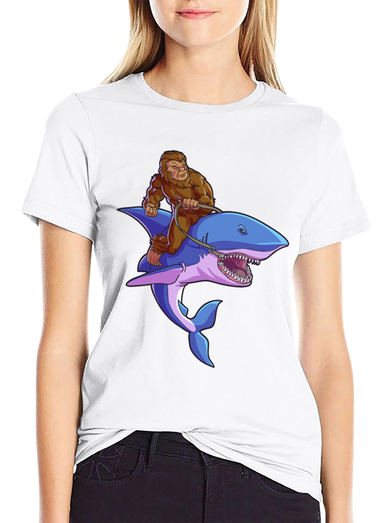 Bigfoot Riding Shark Graphic Tee - Black
