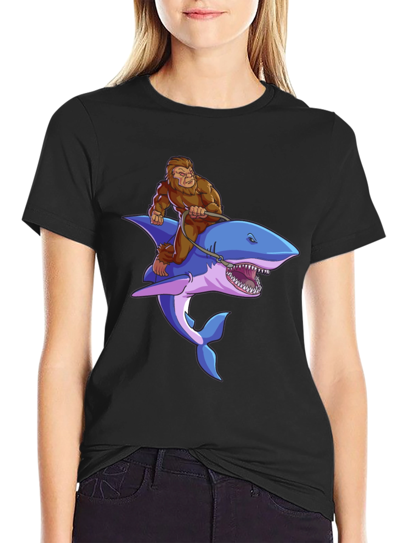 Bigfoot Riding Shark Graphic Tee - Black