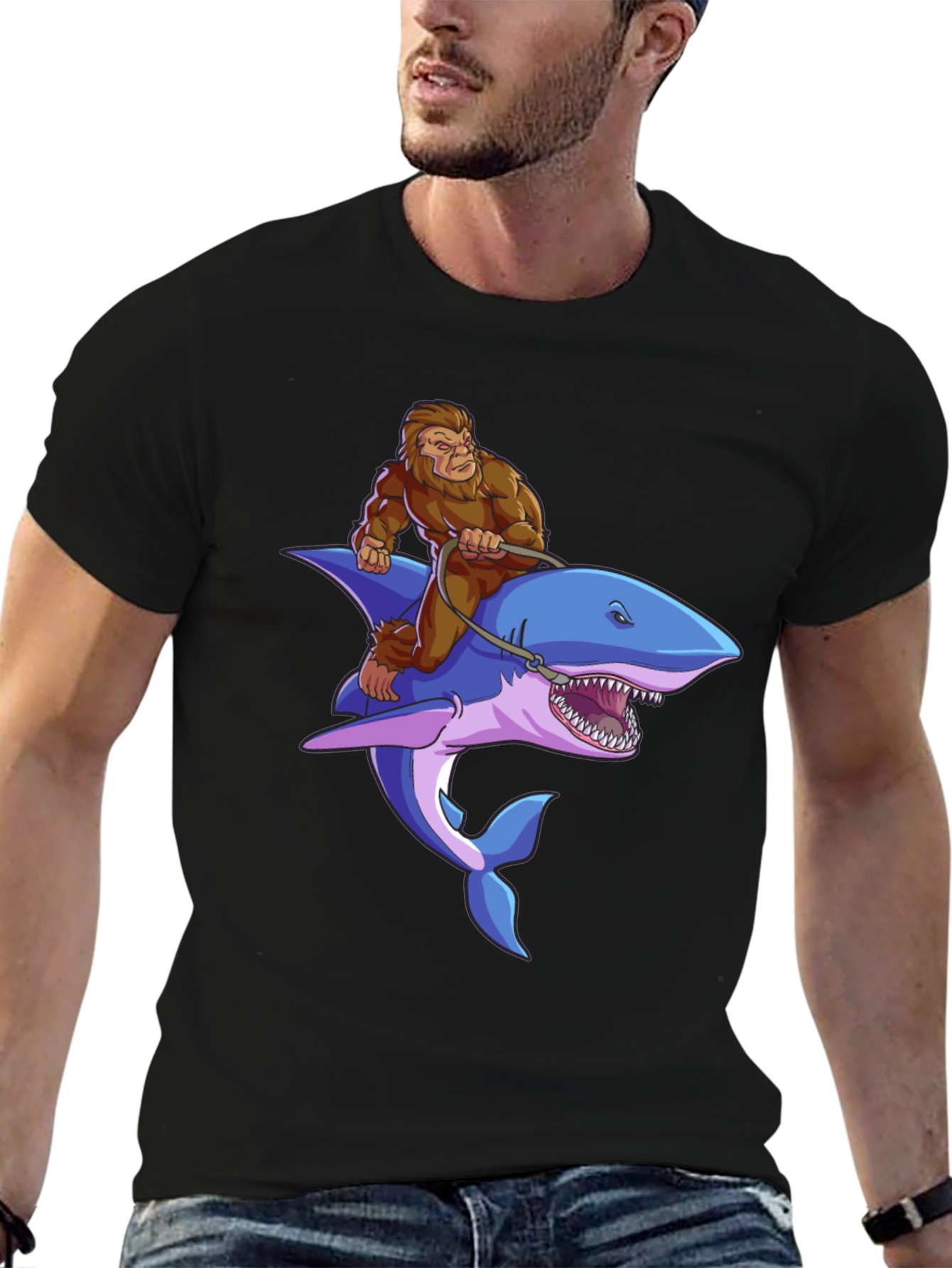 Bigfoot Riding Shark Graphic Tee - Black