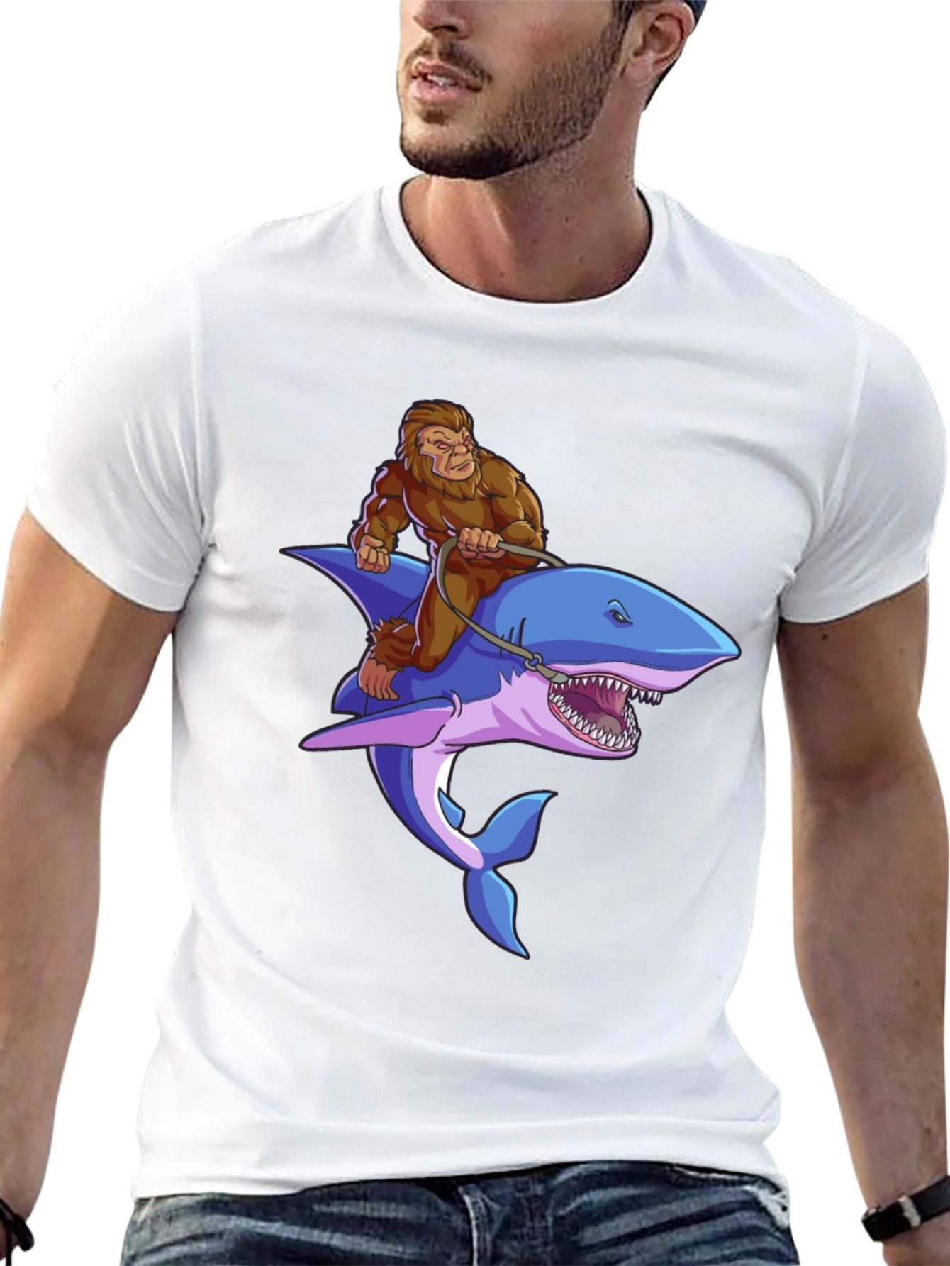 Bigfoot Riding Shark Graphic Tee - Black