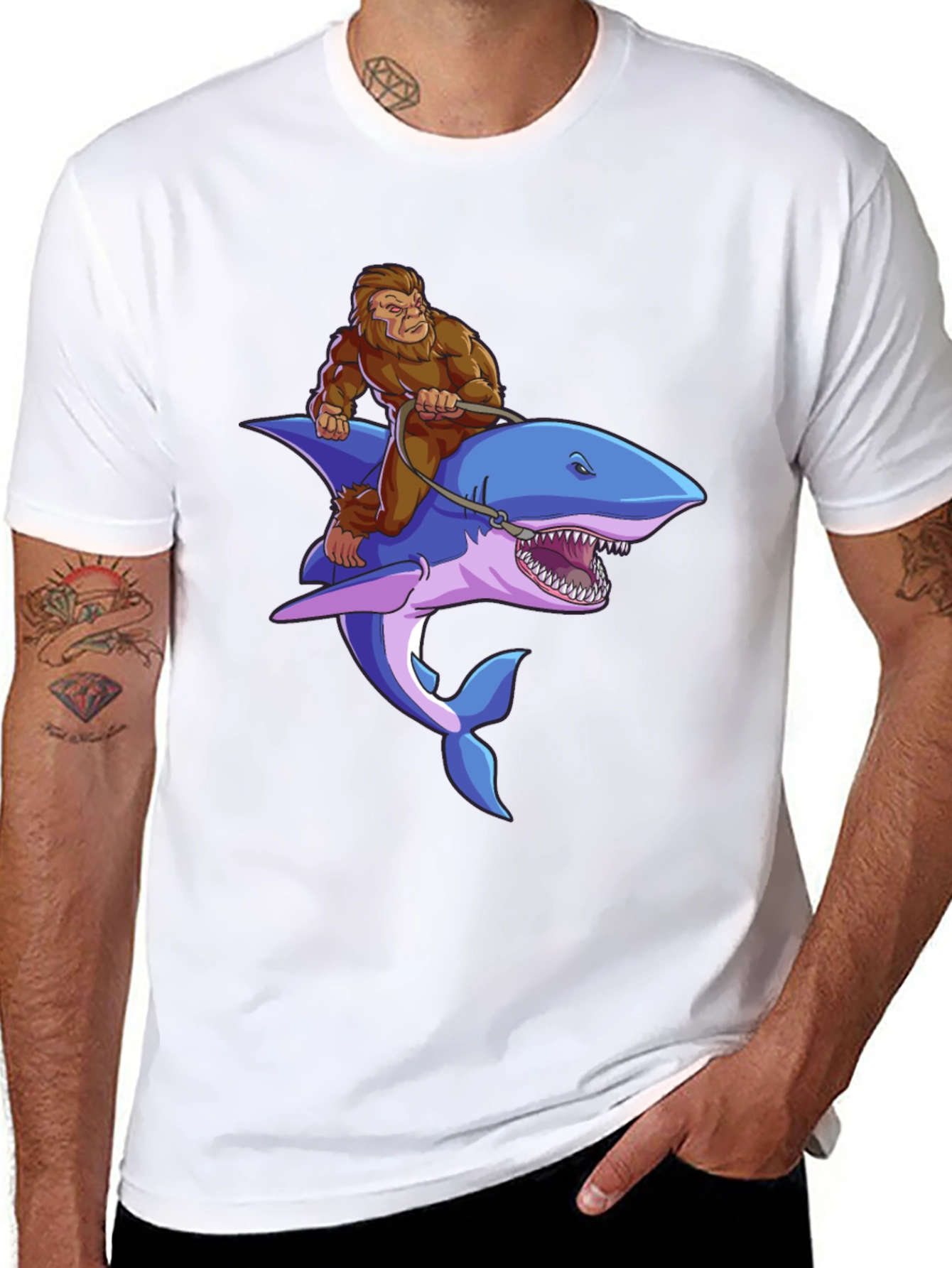 Bigfoot Riding Shark Graphic Tee - Black